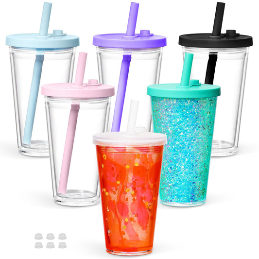 Maucircol - Paquete de 6 vasos de acrílico de globo de nieve de 16 onzas, preperforados de plástico de doble pared para niños, para globos de nieve con purpurina, con tapa colorida