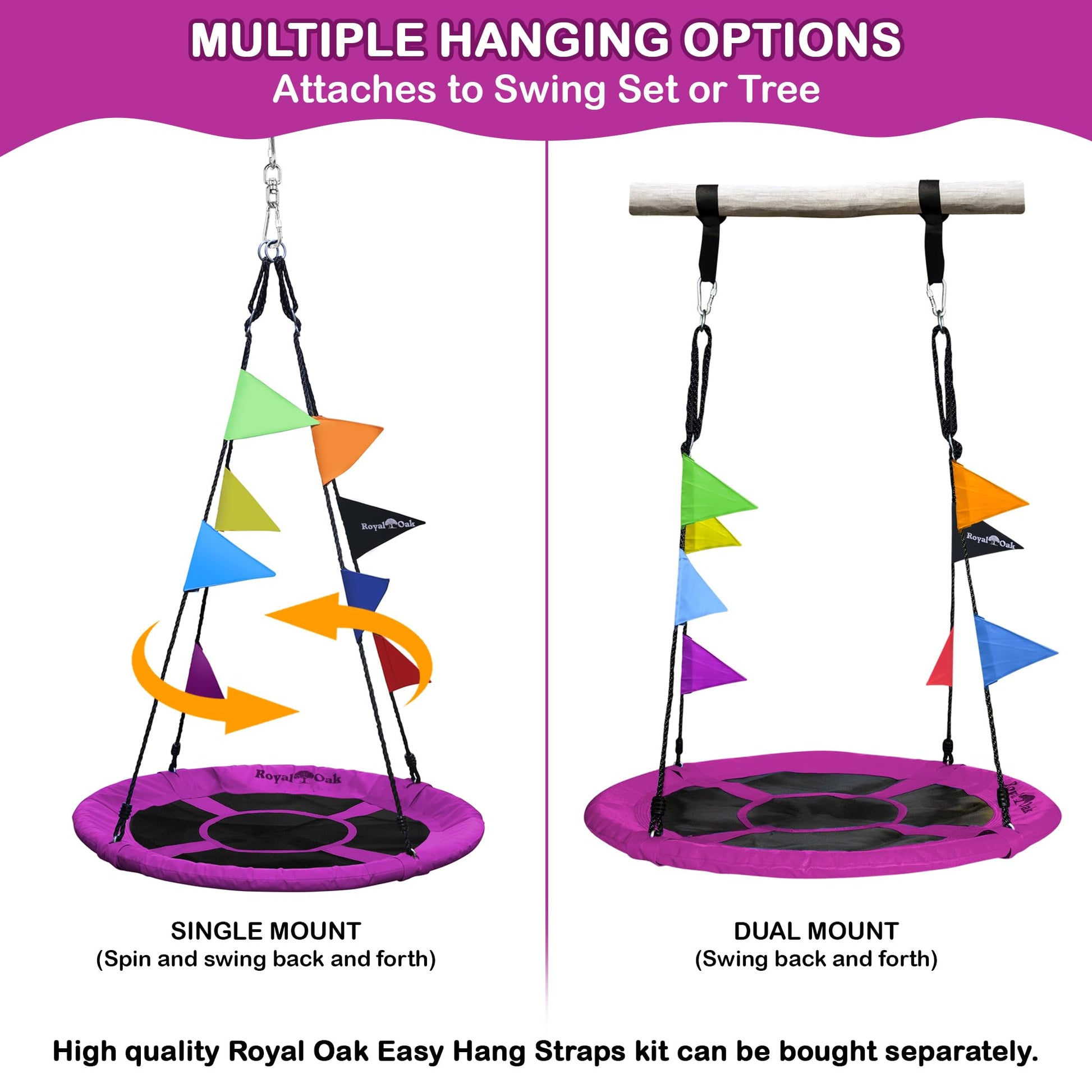 Gigante 101,6 cm platillo Árbol Swing en Elite púrpura, Ultra Fuerte estructura de acero., cuerda de tela impermeable, de grado industrial, Super Fácil Instrucciones, cuelga en minutos, Non-Stop divertido, ideal para niños y fiestas.