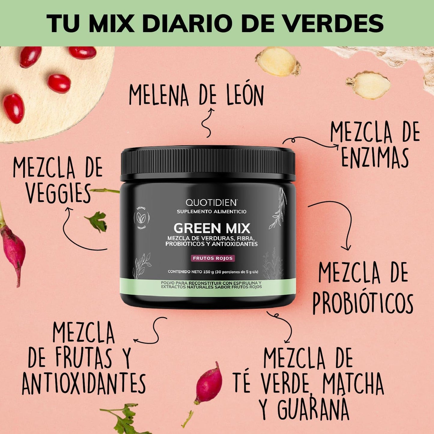 Quotidien | Green Mix Jugo Verde en Polvo con Té Matcha, Espirulina, Té Verde, Espinaca, Clorofila, Moringa, Melena de León, Enzimas Digestivas, Probióticos y muchos más | Super Blend Sabor Frutos Rojos | 30 porciones