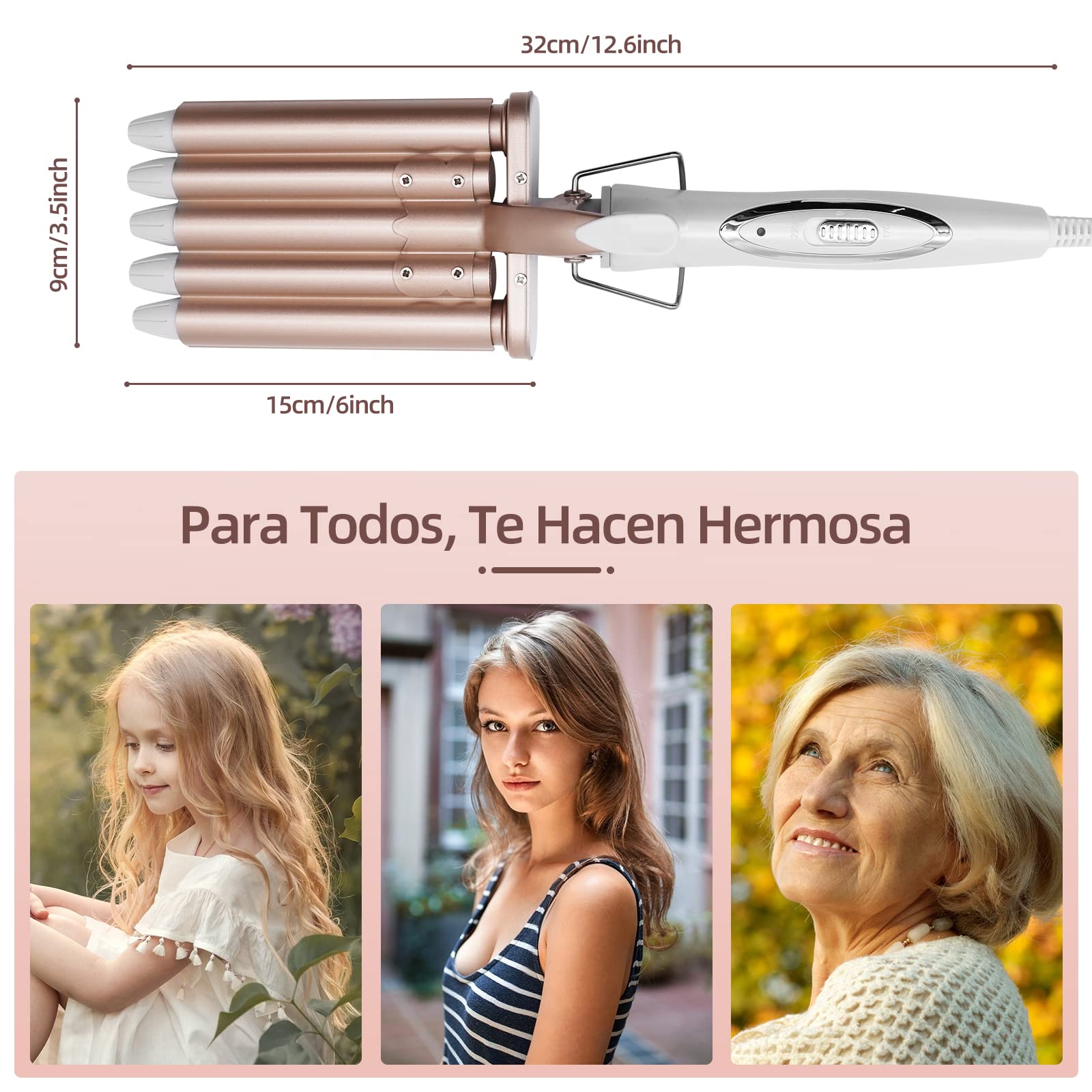 Rizador de Pelo, Ondas Cerámica con Temperatura Ajustable, Cinco Tubo Rizador de Cabello de 22mm, se Calienta Rápidamente para Mujer Cabello Largo/Corto y Viajero Regalo