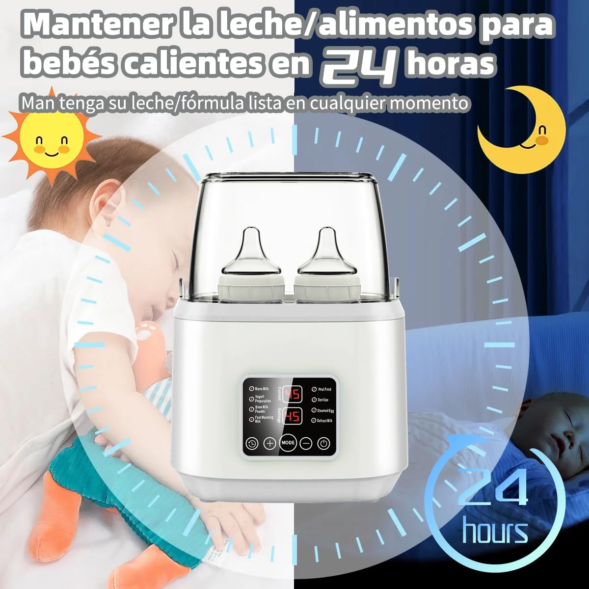 EEBOU Calentador de Biberones Esterilizador Multifuncional 8 en 1 [Modelo Mejorado de 2026], Apto para 4 Biberones, Calentador de Biberones Portatil Modo Constante de 24H, Sin BPA (Gris)