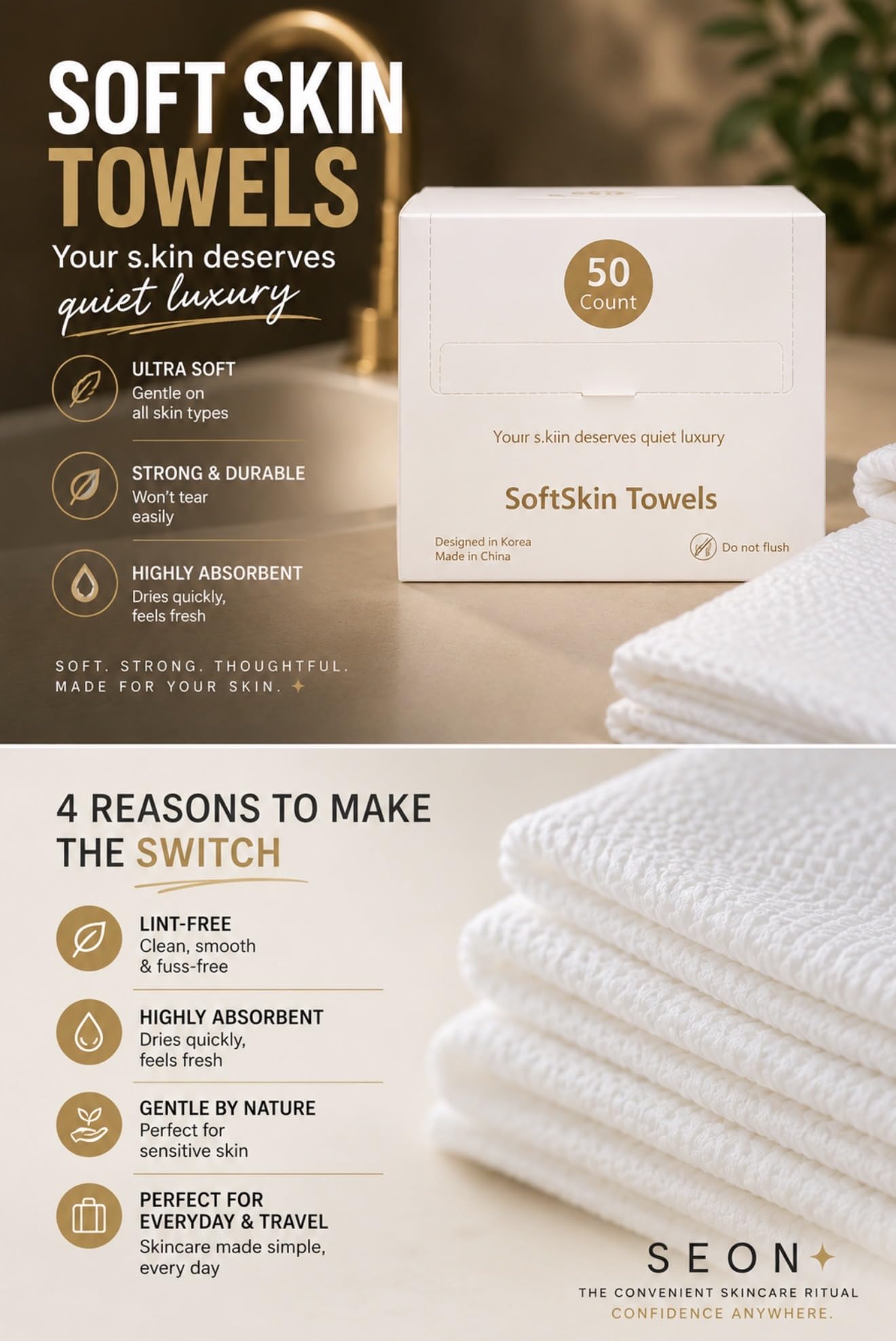 seon Toallas faciales desechables SEON SoftSkin, toallas de limpieza facial biodegradables ultrasuaves, paquete de 50 unidades.