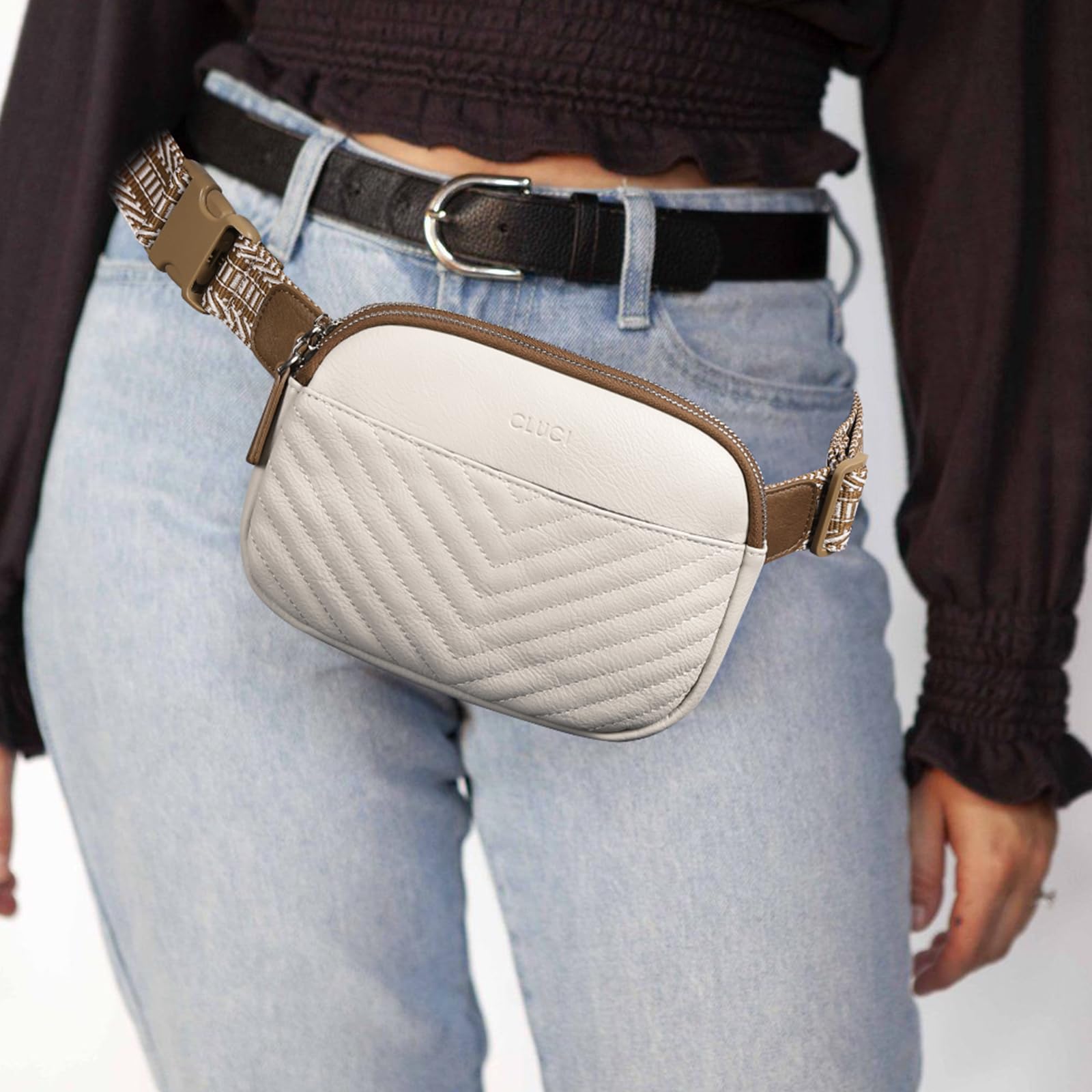 CLUCI - Riñonera para mujer, mini bolso cruzado en todas partes, correa ajustable, piel vegana, riñonera para mujer, A-1 Beige, Una talla