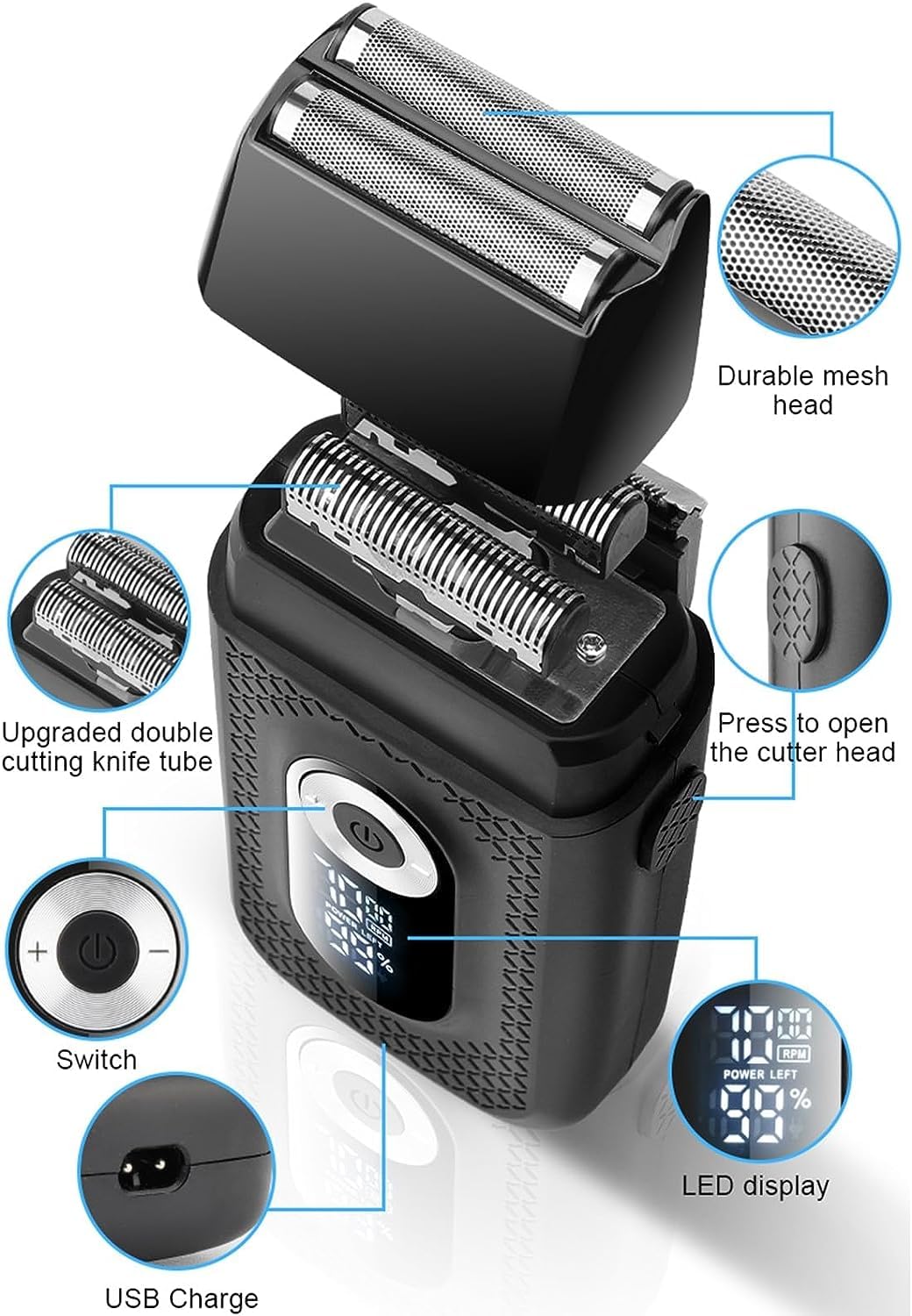 WTDD 2 en 1 Afeitadora Eléctrica para Hombre, Resistente al Agua, Con Recortadora De Precisión, Recargable por USB, Maquinilla De Afeitar Led Para Bigote, Maquinillas de Afeitar para el Hogar de Los Hombres