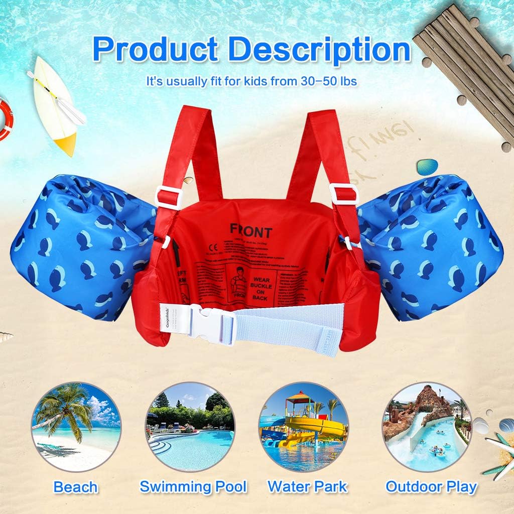 Gogokids Chaleco de natación para niños, flotadores para niñas y niños de 9-13-18-23 kg, flotadores de alberca con alas de Agua y Correa de Hombro para niños de 2-6 años