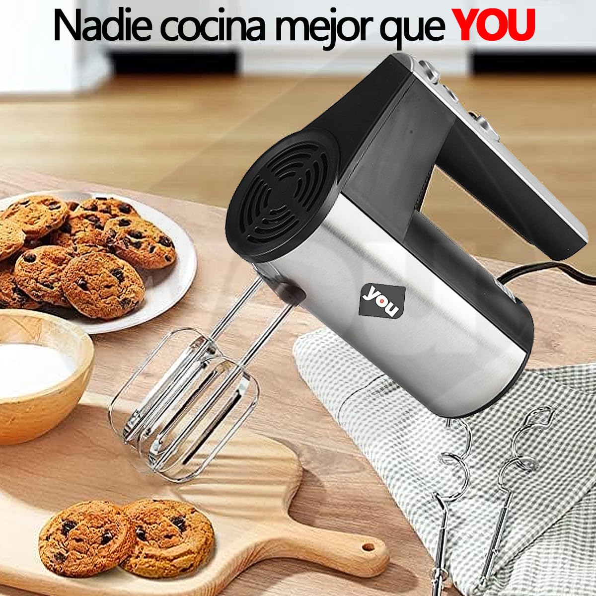 Batidora De Mano Electrica 5 Velocidades 800w Funcion Turbo Cilindrica Con base y Accesorios