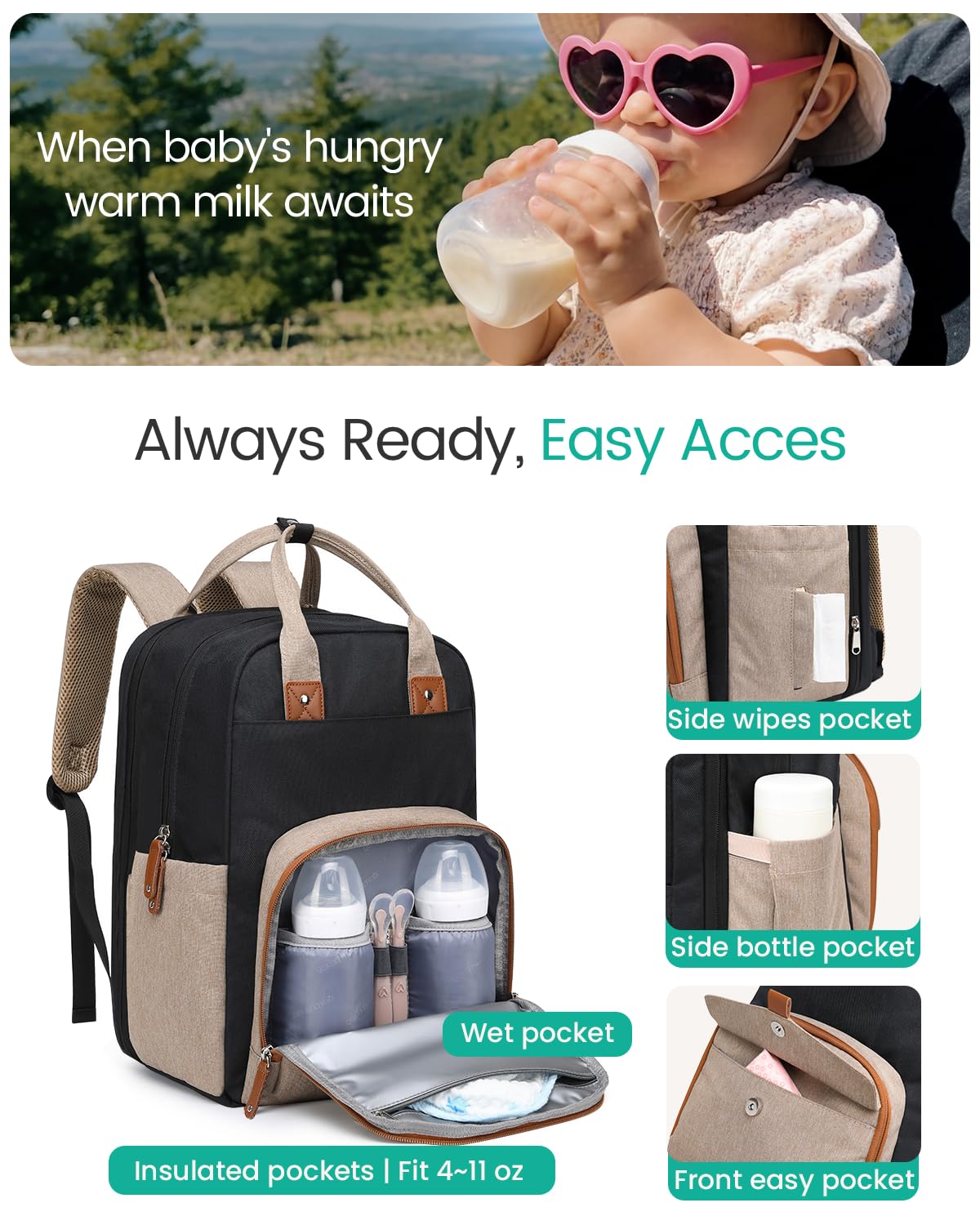 Qualyphant Mochila para pañales extragrande para dos niños, bolsas expandibles de 35 l para mamá, niña, niño, papá y niño pequeño, bolsa de pañales de viaje grande con 21 bolsillos Caqui negro