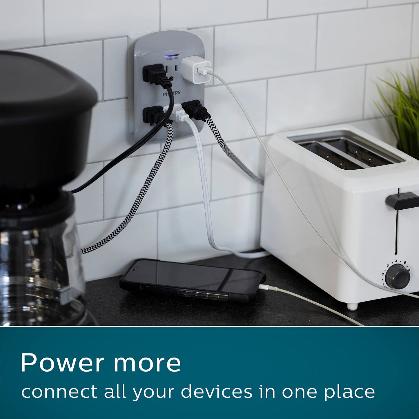 Multicontacto de Pared Philips Gris con Supresor de Picos y Luz LED Indicadora de Protección