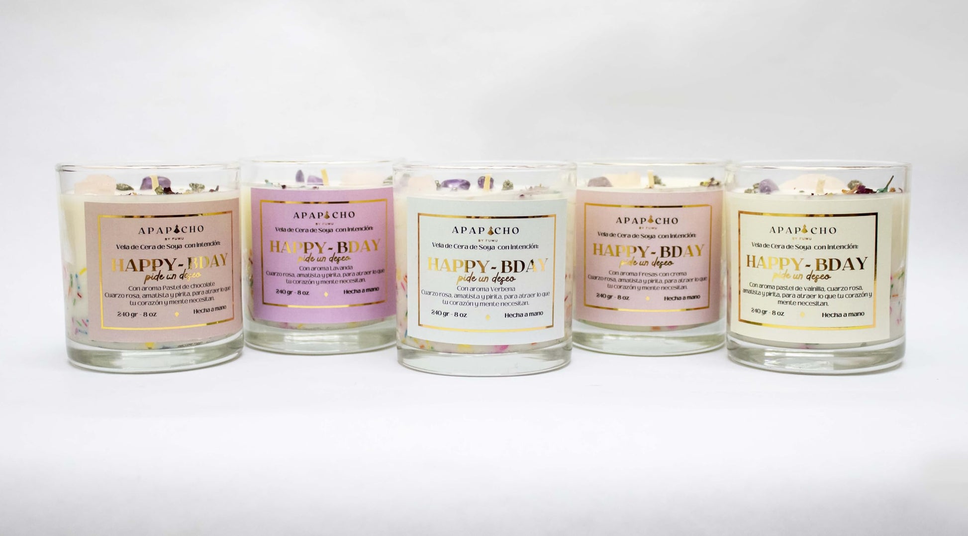 Fuwu, velas aromaticas relajantes Happy Birthday de cera de soya con cuarzos naturales, velas decorativas hechas a mano con hierbas, aromatizantes para hogar, regalos de cumpleaños (Fresas con crema)