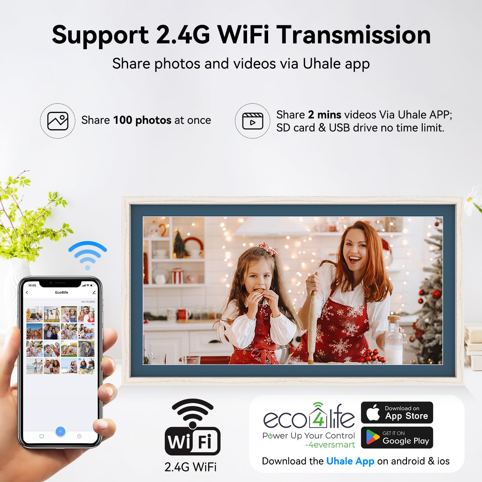 eco4life Marco de fotos digital WiFi de 21.5 pulgadas, marco de fotos digital electrónico con visualización IPS FHD de 1920 × 1080, rotación automática de 32 GB, control remoto, compartir fotos videos