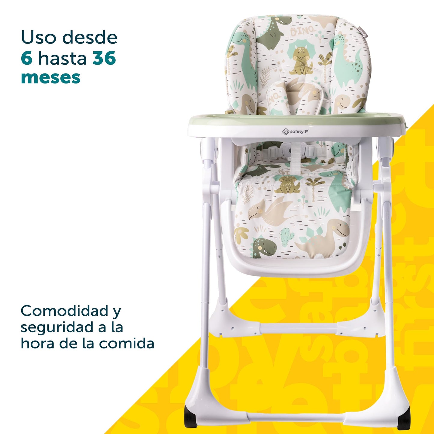 Safety 1st Silla Alta Periquera Tavola, Dinosaurios, 7 posiciones de altura, 3 de reclinación, reposapiés ajustable, doble charola, plegado compacto.