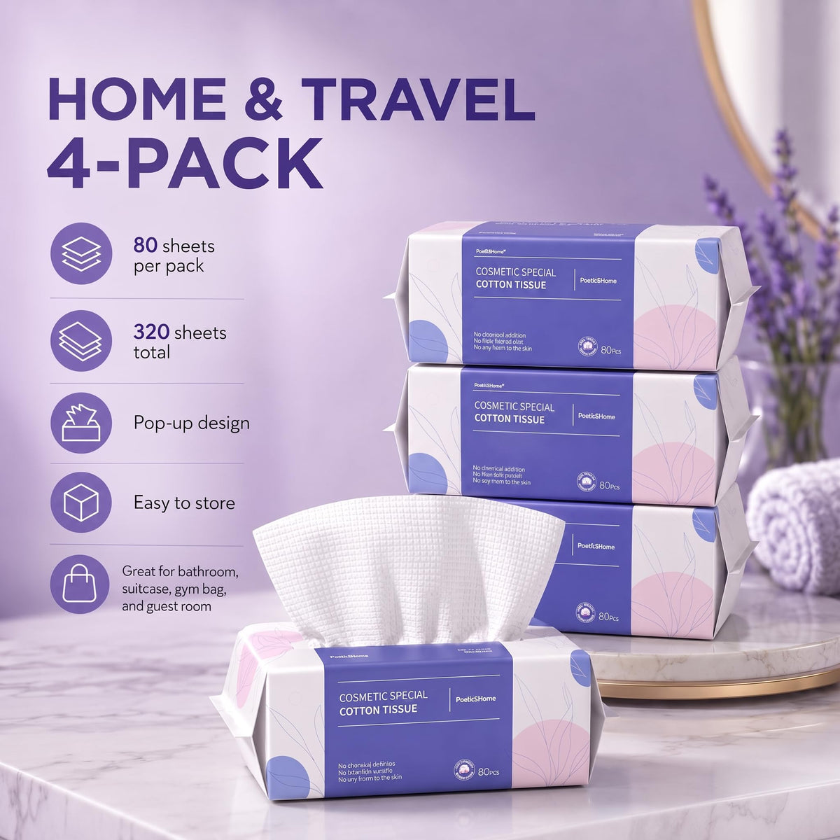 PoeticEHome Toallitas secas de algodón extra grueso, toalla facial desechable sin pelusa, paños de tejido facial para limpieza profunda y limpieza de maquillaje, paquete de 4