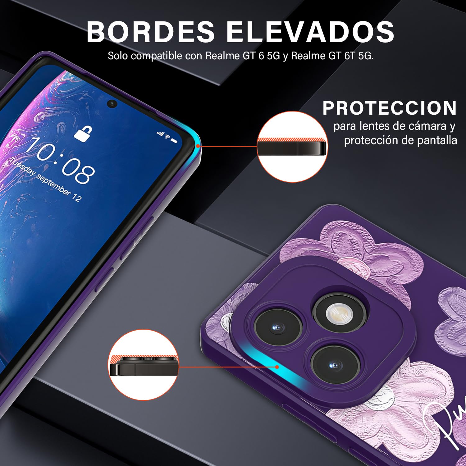 Threehao Funda para Realme GT 6 y Realme GT 6T Case Uso Rudo, Ultra Delgado Flexible Púrpura Suave TPU Silicona Carcasa con Moda Aesthetic Dibujos Flores, Antigolpes Anti-arañazos Protectora