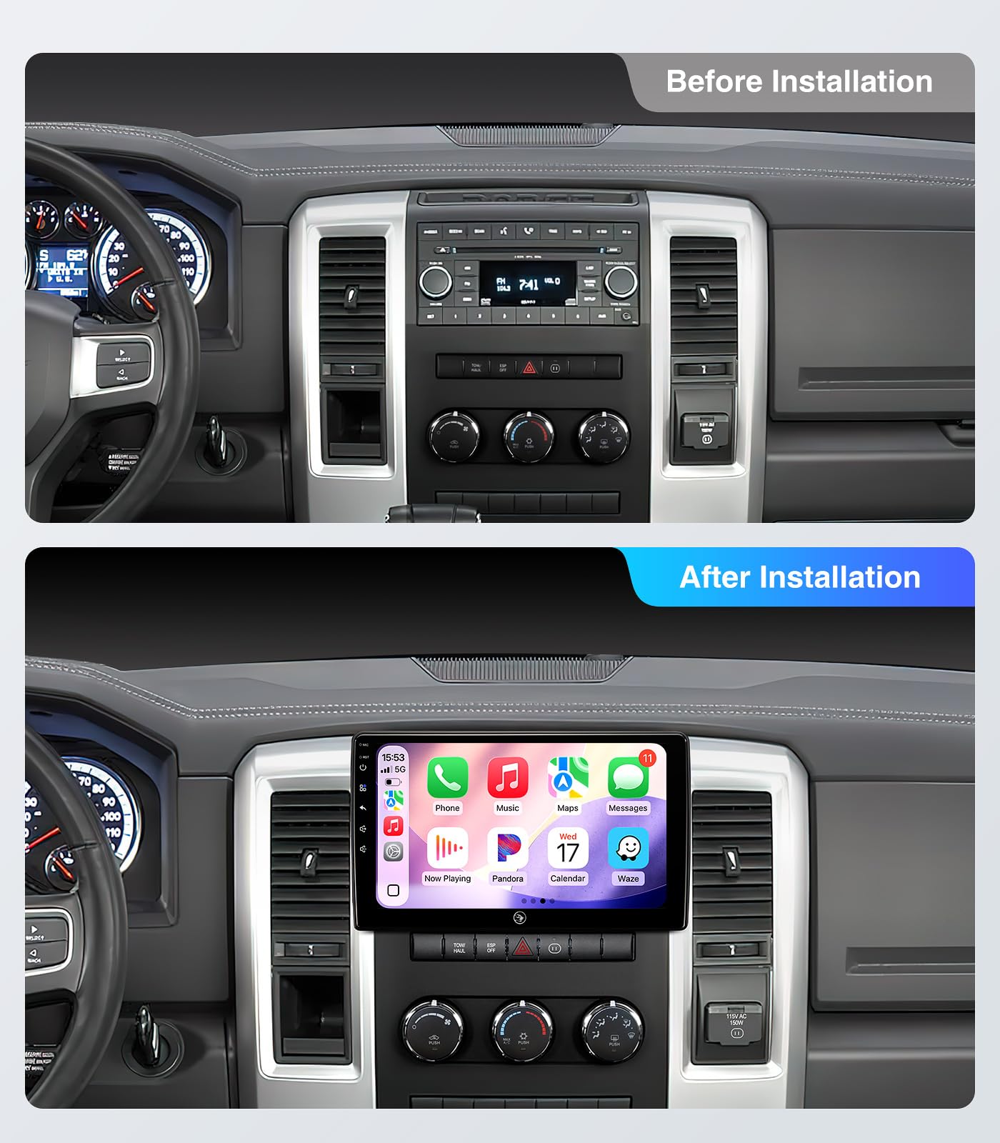 Estéreo de coche con visualización táctil de 10 pulgadas (4G+64G) para Dodge Ram 1500 2500 3500 (2009-2012), kit de repuesto de radio con inalámbrico CarPlay Android Auto 5G WiFi BT GPS Navigation