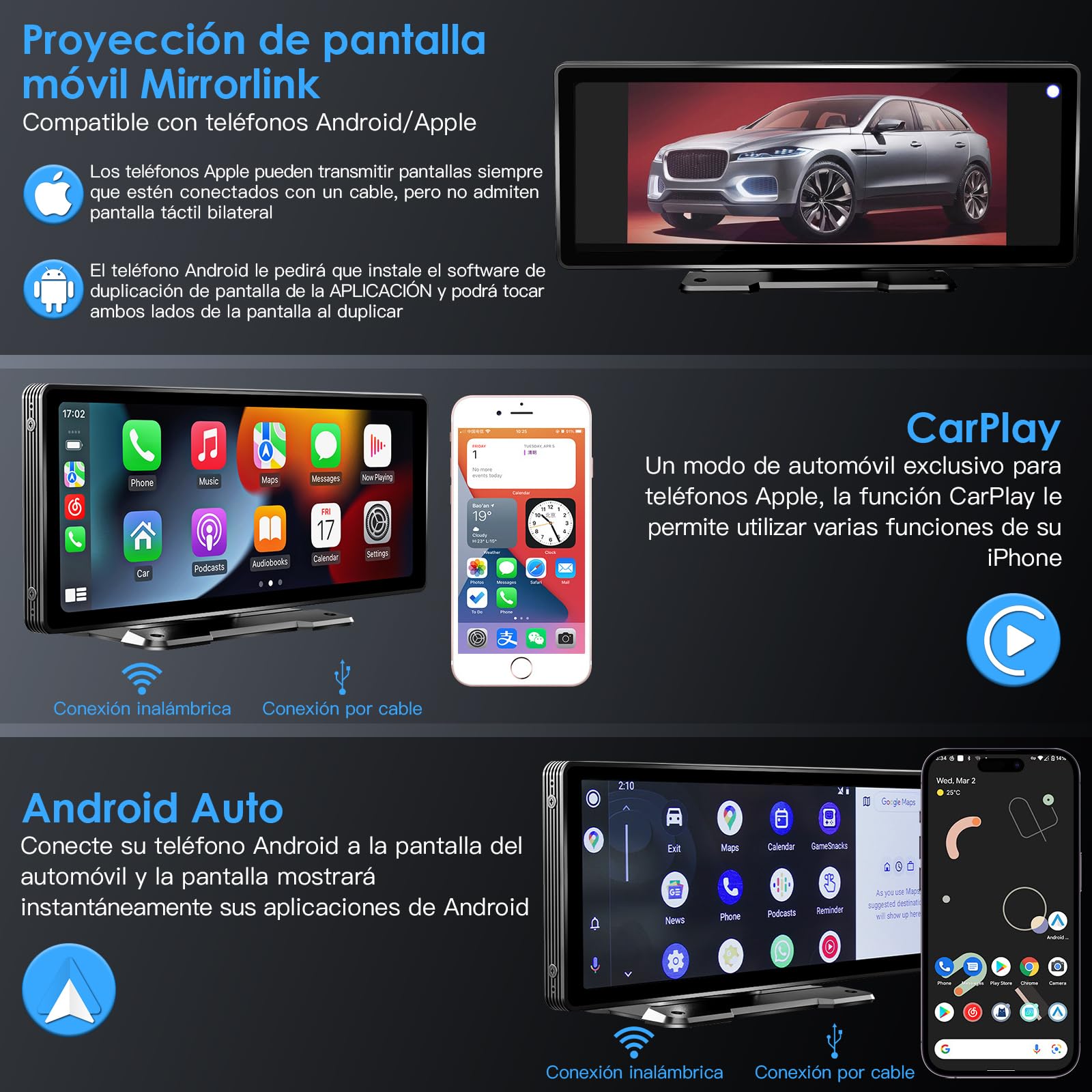 Autoestéreos para Auto de 10.26in Pantalla HD Táctil Capacitiva Portátil,Inalámbrico Apple Carplay,Android Auto,Mirror Link,Multimedia Digital MP5 Bluetooth para Coche GPS/Bluetooth/FM/AUX/TF/USB