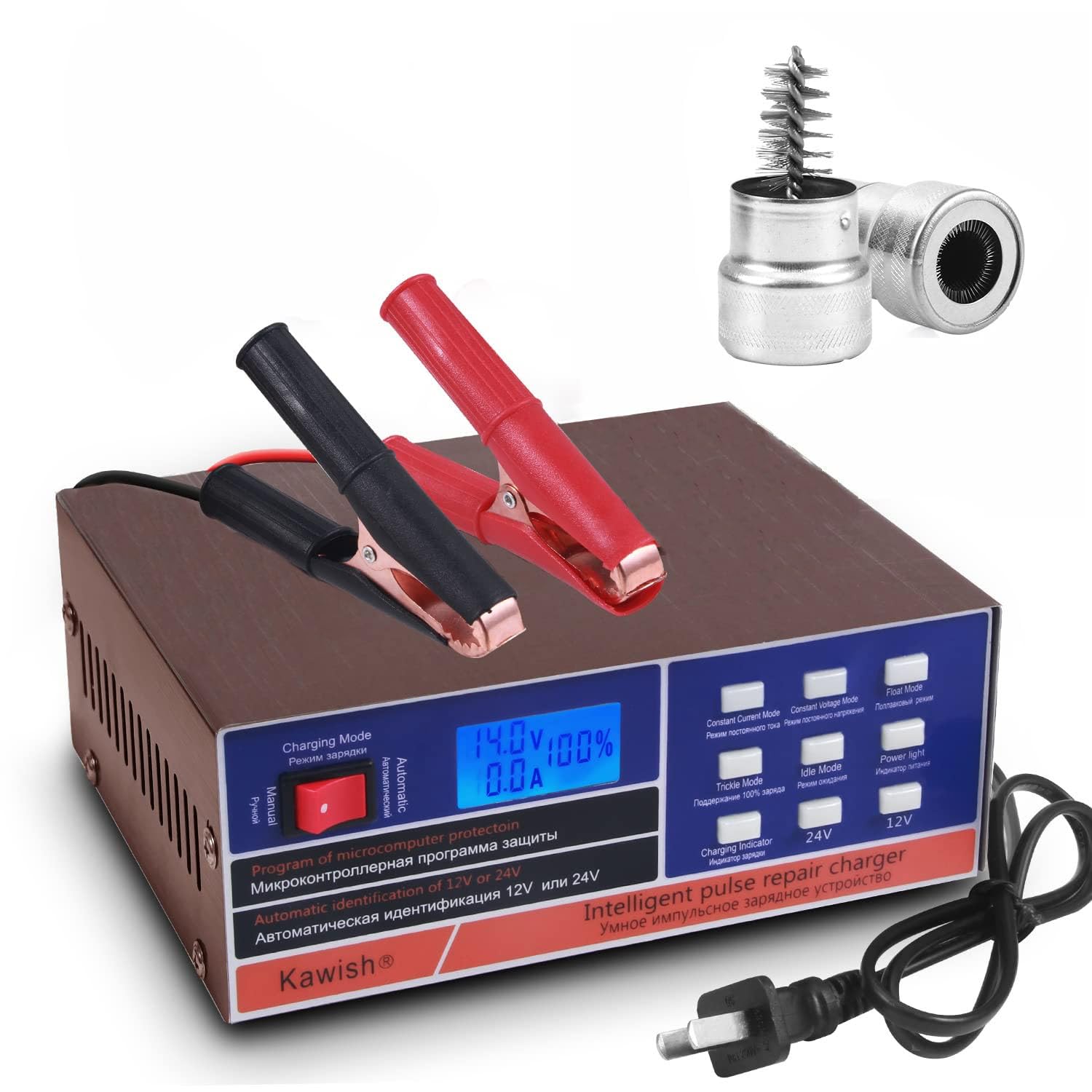 Kawish - Cargador de batería automático completo para coche, 12 V/10 A, 24 V/7.5 A, cargador de batería inteligente para reparación de pulsos, camión, motocicleta, con cepillo para polvo de limpieza