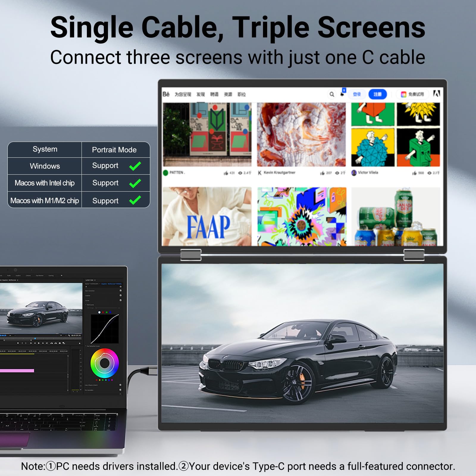InnoView - Extensor de visualización para portátil de 15.6 pulgadas, doble monitor, apilado, plegable, triple monitor, (ganancias/Mac), 1080P, triple portátil, para portátil, rotación automática de