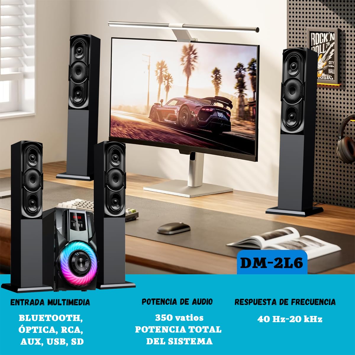 D&M 2L6 Sonido Teatro en casa,con Subwoofer - Sistema de Sonido Envolvente 3 en 1 Separado,para TV Juegos de PC HD-ARC/BT 5.4/óptica/AUX/USB Conexión 5 Modos EQ Graves Profundos