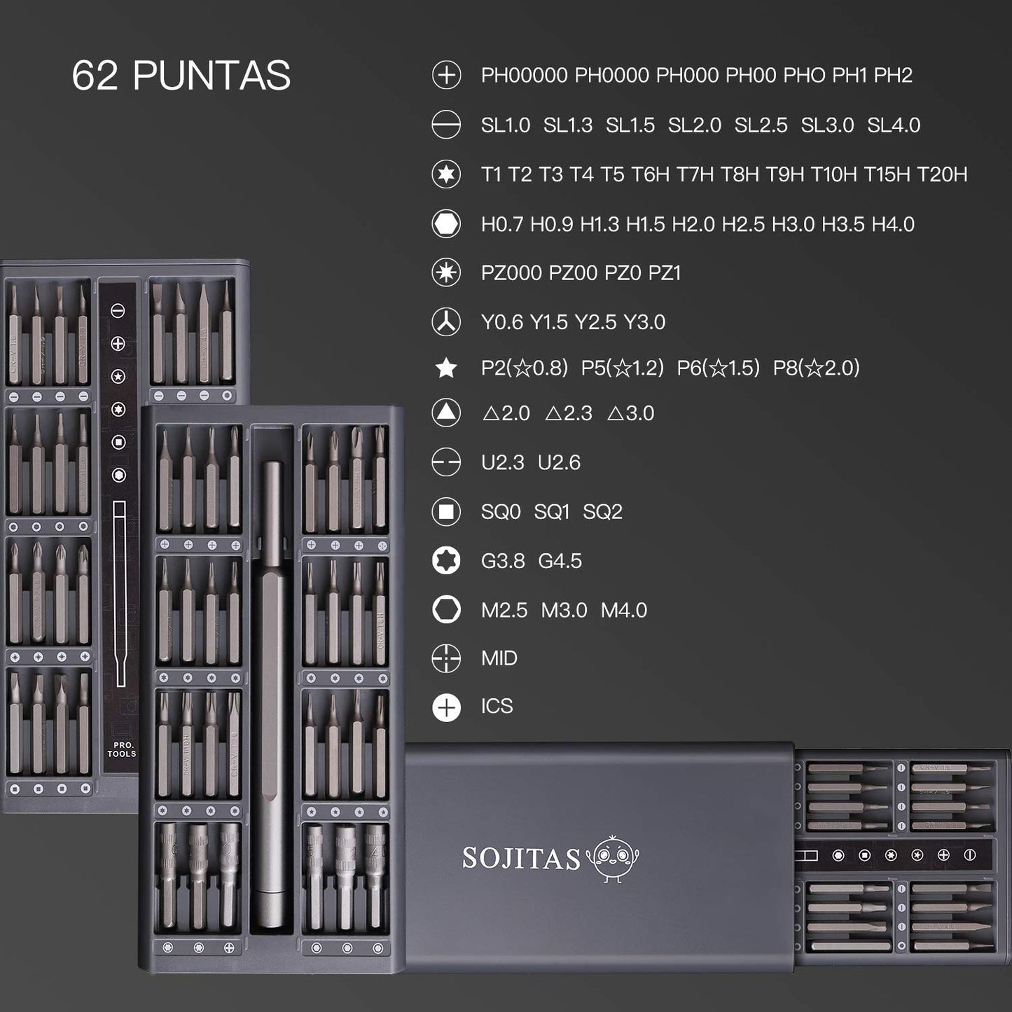 Juego de Desarmadores Precisión SOJITAS 67 en 1 con Puntas para Celulares, Laptop, Controles y más Herramientas magnéticas