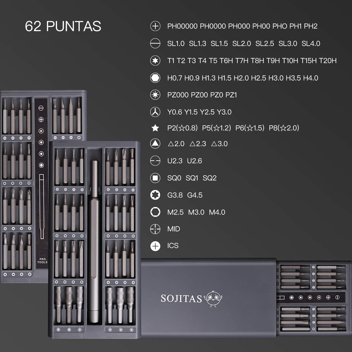 Juego de Desarmadores Precisión SOJITAS 67 en 1 con Puntas para Celulares, Laptop, Controles y más Herramientas magnéticas