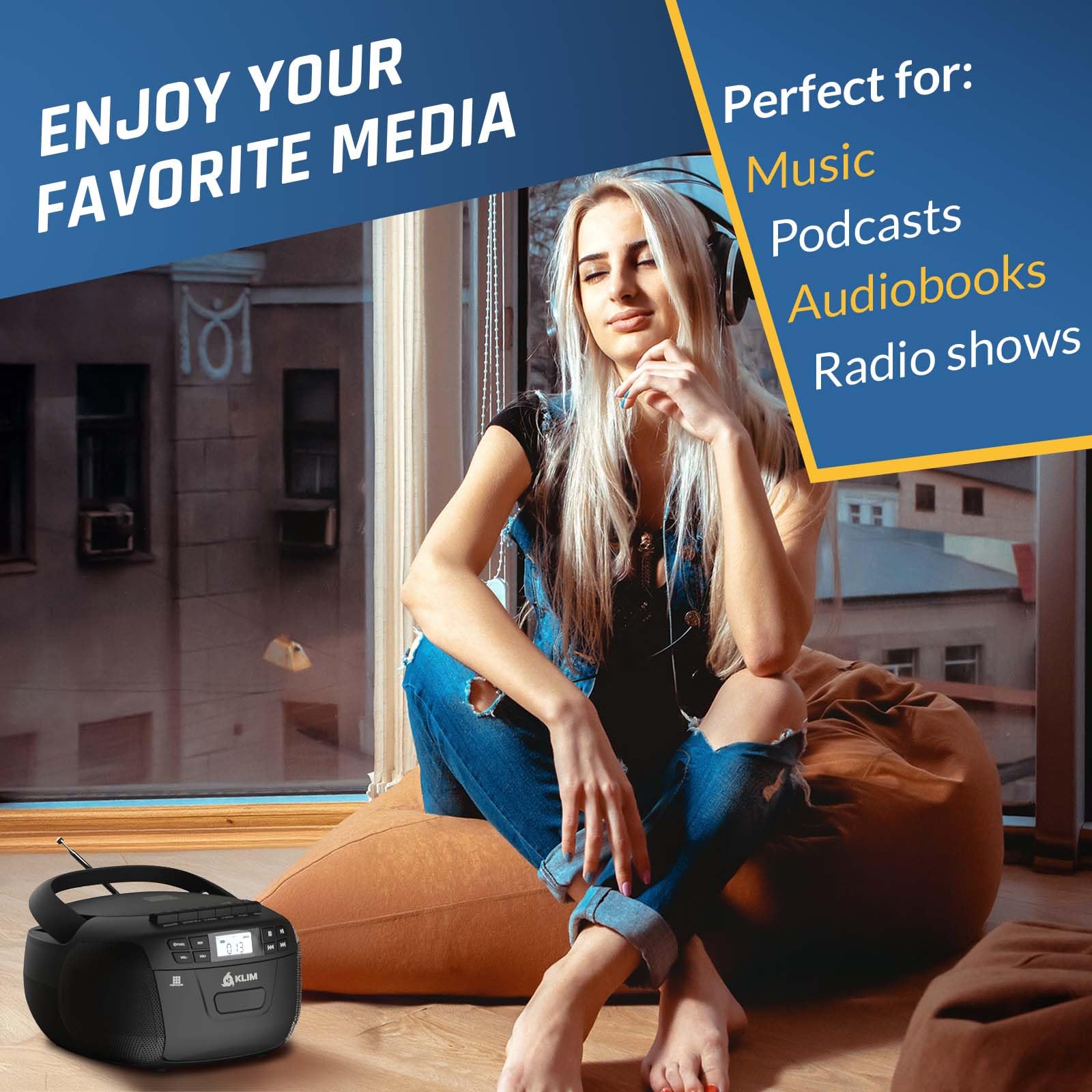 KLIM CD + reproductor de cinta de cassette, Bluetooth CD Boombox, radio AM/FM, sonido estéreo, control remoto, reproductor de CD y cassette, grabación de cinta, unidad USB, AUX
