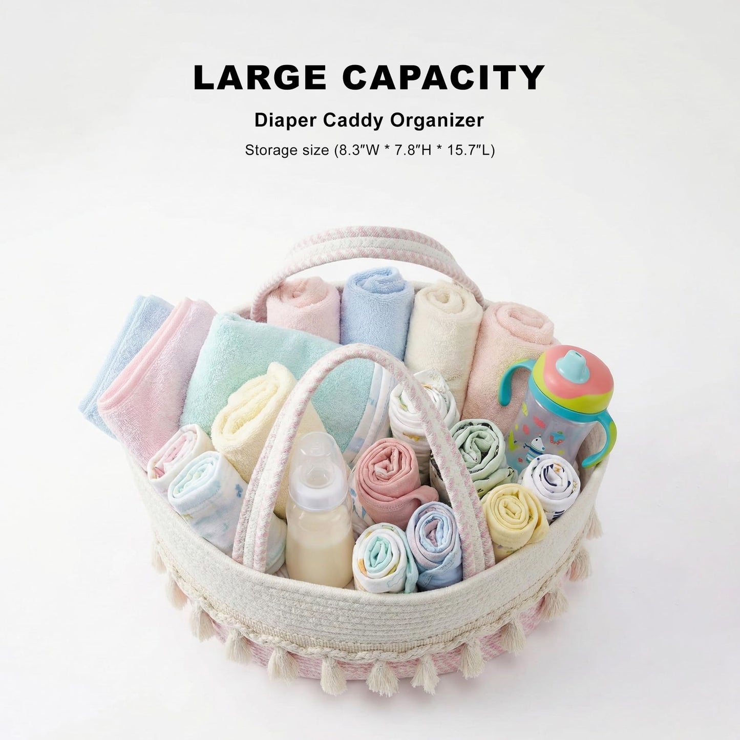 TUWEIPAIKE Organizador de pañales, elegante cesta de almacenamiento de guardería, cesta de baby shower con aspecto decorativo de borla, cesta de almacenamiento portátil adecuada para viajes familiares