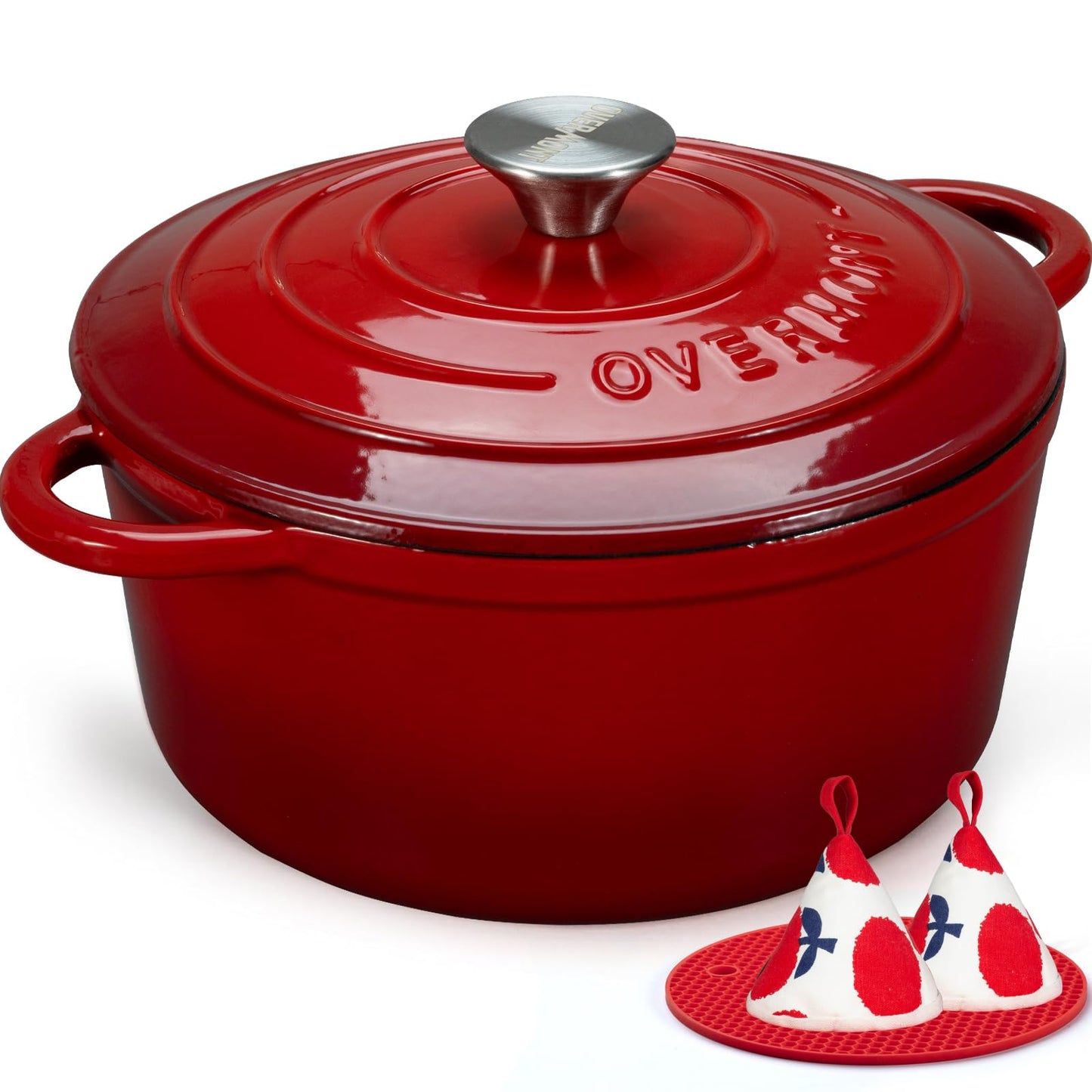 Overmont - Horno holandés de hierro fundido esmaltado, utensilios de cocina de 7 cuartos con tapas de algodón resistentes al calor, olla de esmalte resistente con tapa para estofados, asar pan y