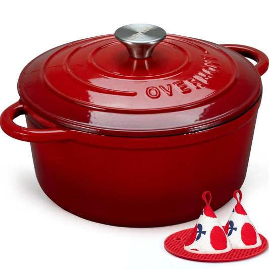 Overmont - Horno holandés de hierro fundido esmaltado, utensilios de cocina de 7 cuartos con tapas de algodón resistentes al calor, olla de esmalte resistente con tapa para estofados, asar pan y