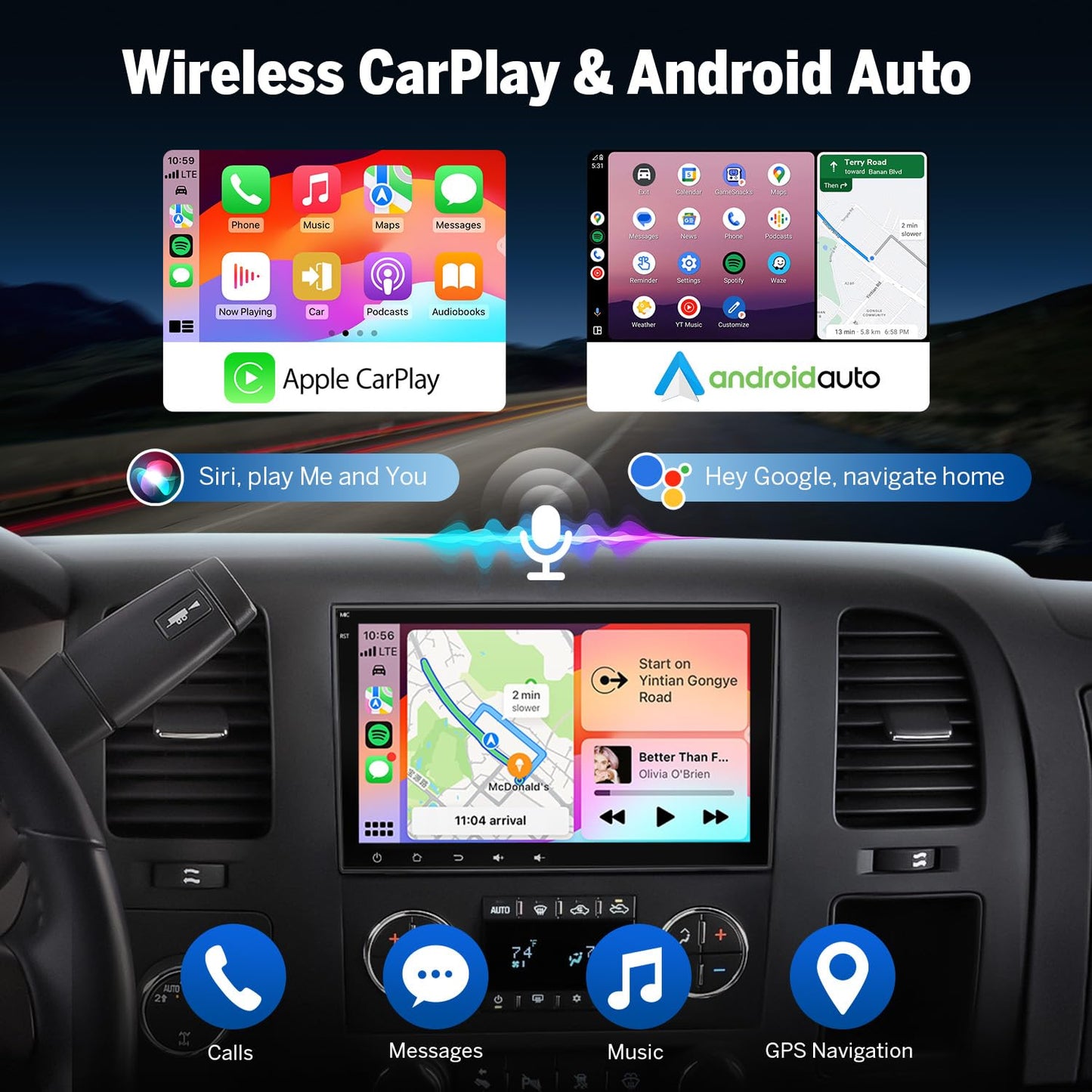 EononGMX7A 4G+64G Android 14 estéreo de coche compatible con GMC/Chevy/Buick Wireless CarPlay y Android Auto, radio de coche con visualización táctil de 8 pulgadas, SWC, Bluetooth, navegación, cámara