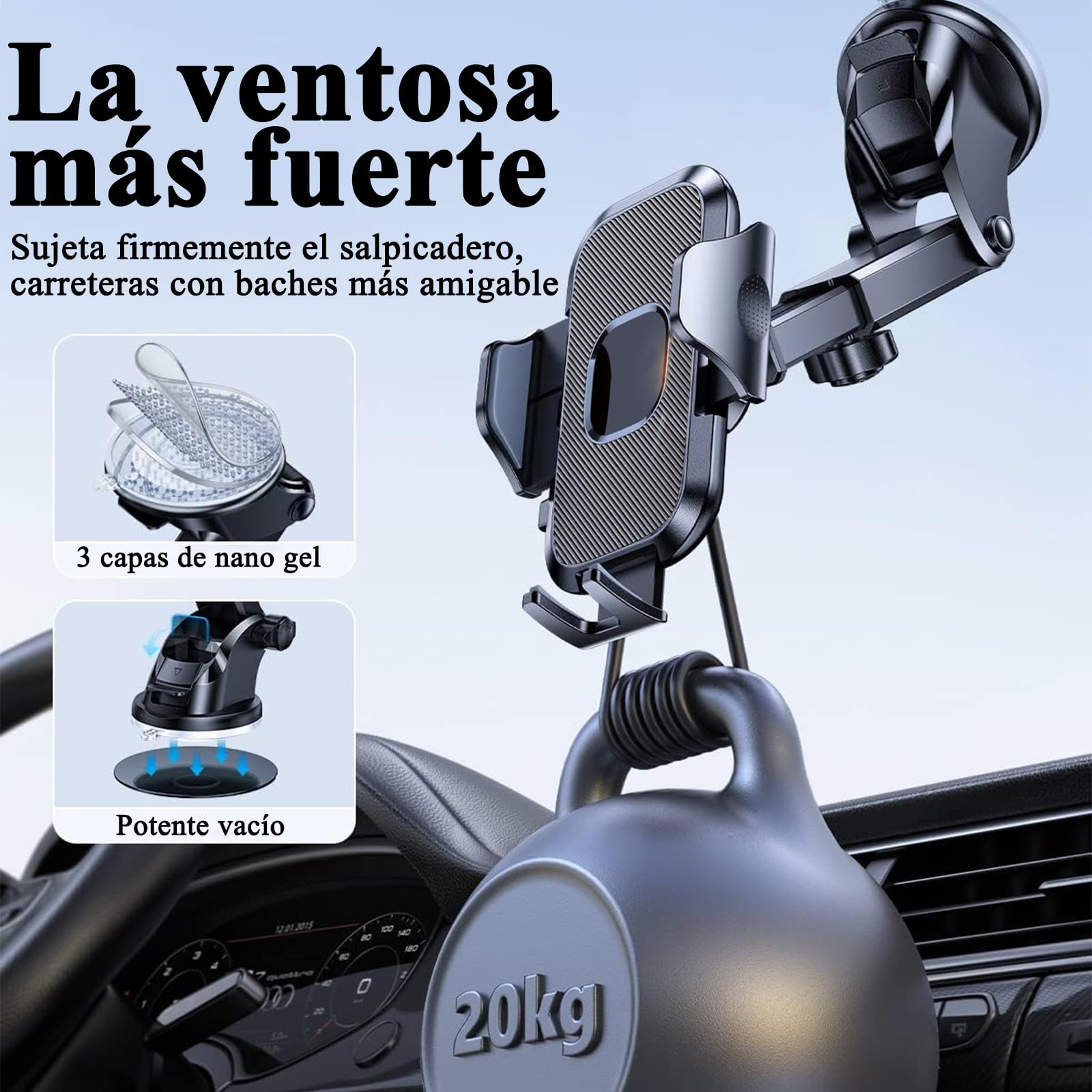 Soporte Celular Automóvil 3 en 1,Base Celular Auto Tablero,Soport Celular Auto,Soporte Universal para Parabrisas/Salpicadero/Ventilación, Accesorios Auto Para IPhone 15/14 , Xiaomi, Motorola, Huawei