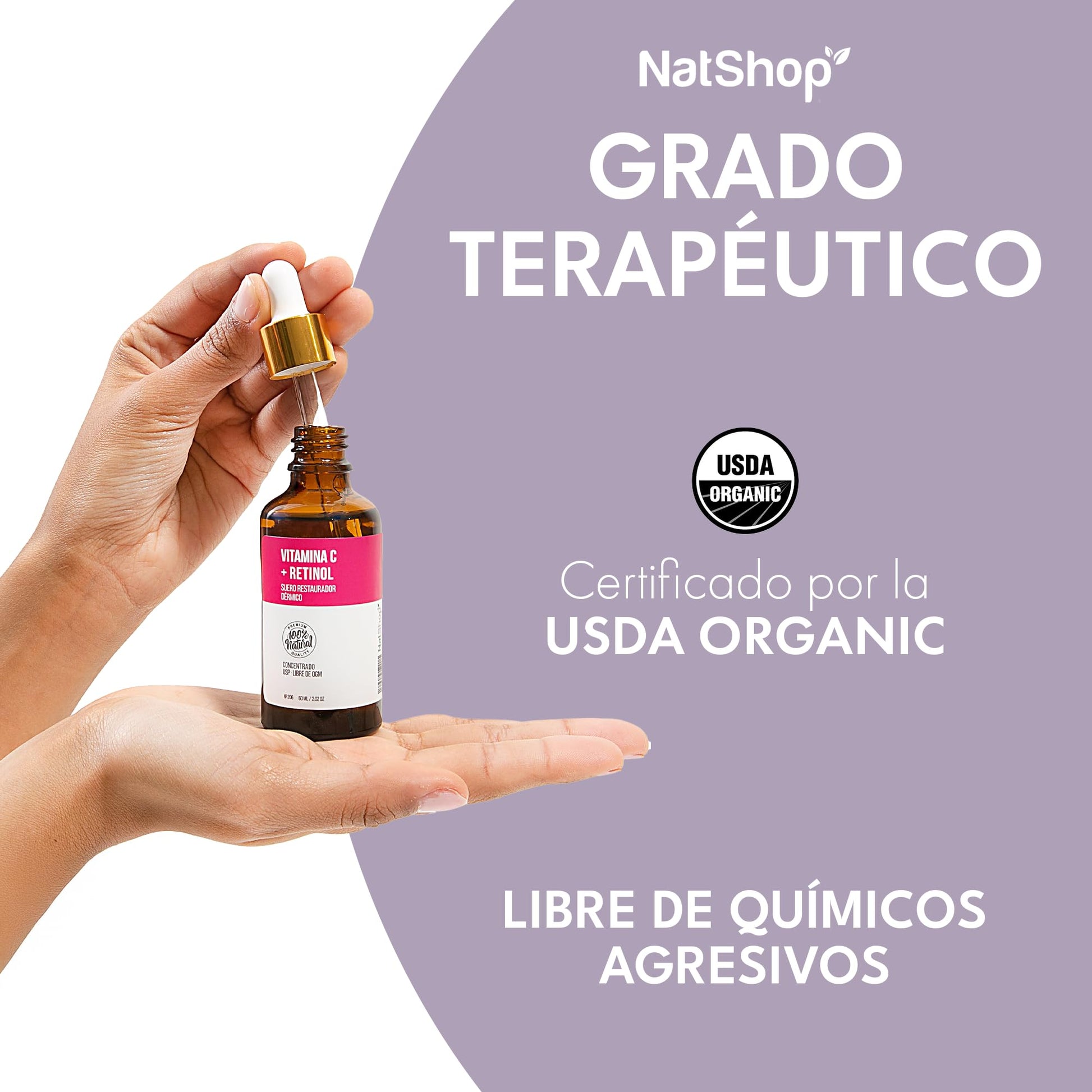 NATSHOP | Suero de Vitamina C + Retinol 100% Natural - Fórmula con Aceites Orgánicos y Textura Suave | Skin Care Sin Parabenos, Fragancias Sintéticas ni Químicos Agresivos - Skincare Nocturno 60ml
