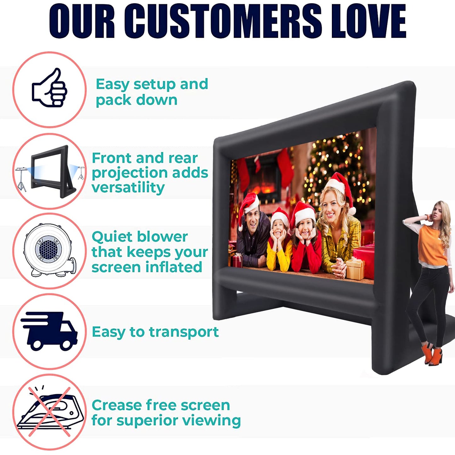 GYUEM Proyector Inflable para Exteriores de 18 pies, Pantalla de película, Paquete con Cuerda, soplador, estacas para Carpa, portátil, Ideal para Fiestas en Interiores y Exteriores