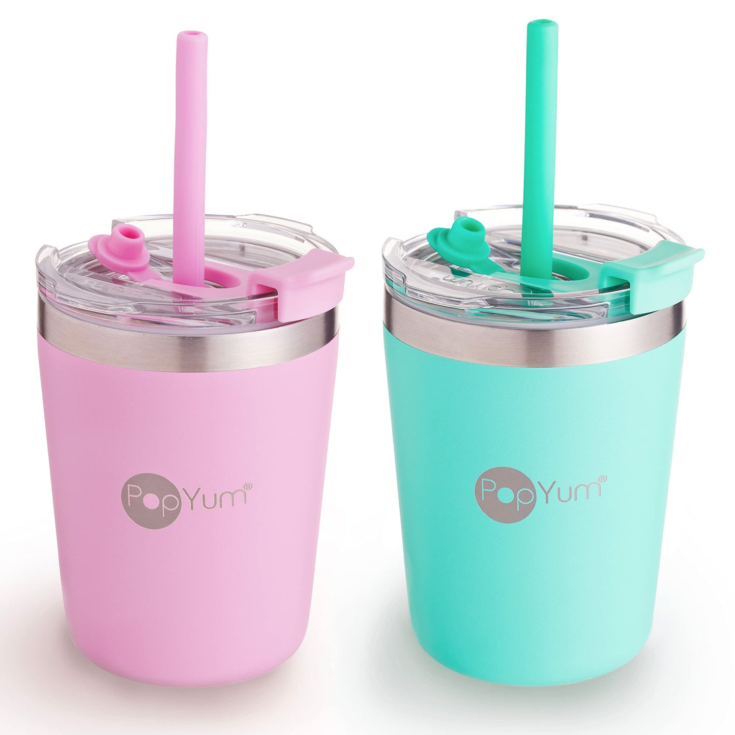 PopYum - Copas aisladas de acero inoxidable para niños de 9 onzas con tapa y pajita, paquete de 2, verde, rosa, apilable, bebe, niño, niño, vaso de doble pared, aspiradora, a prueba de fugas