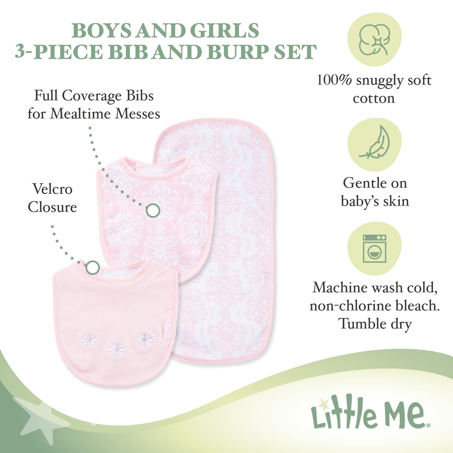 Little Me - Juego de babero y eructos de damasco de 3 piezas para niña, Rosa/Multi, Talla única