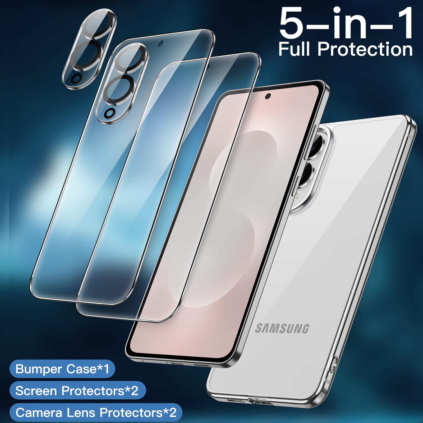 JETech 5 en 1 Funda para Samsung Galaxy S25 Edge con 2 Protector Pantalla Mica Cristal Vidrio Templado y 2 Protector Lente Cámara, Carcasa Anti-Amarillo Slim Antigolpes (Transparente)