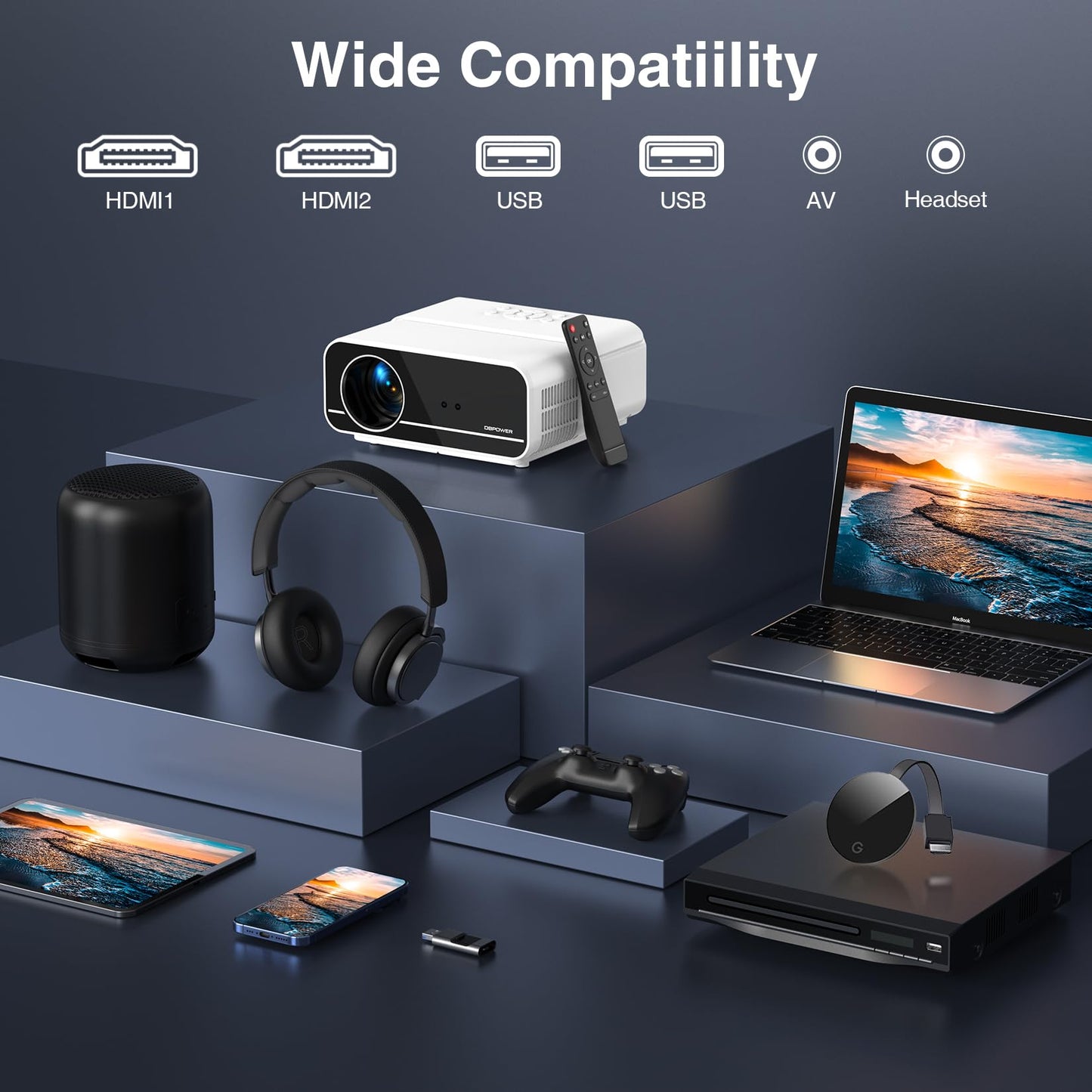 [AutoFocus/Soporte 4K] Proyector con WiFi y Bluetooth, Proyector de película para exteriores nativo 1080P con enfoque automático, 4P6D Keystone/50% Zoom/PPT, proyector portátil DBPOWER para iOS