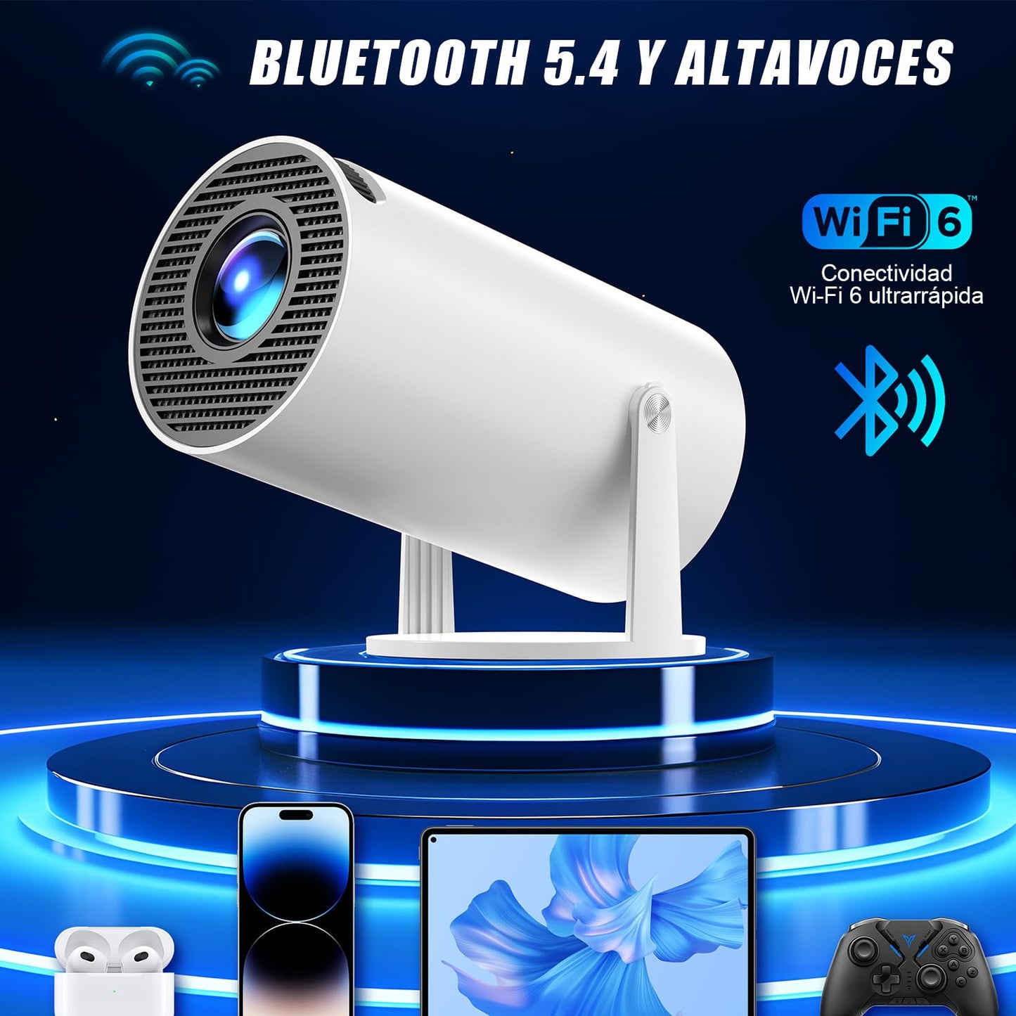STRDIT Proyector 4k, Mini Proyector Portatil con Android, Proyectores Inteligente 200 ANSI con WiFi 6, BT 5.4, Pantalla de 200 Pulgadas, Giro de 270 Grados, Compatible con HDMI/iOS/Phone/PC/PS