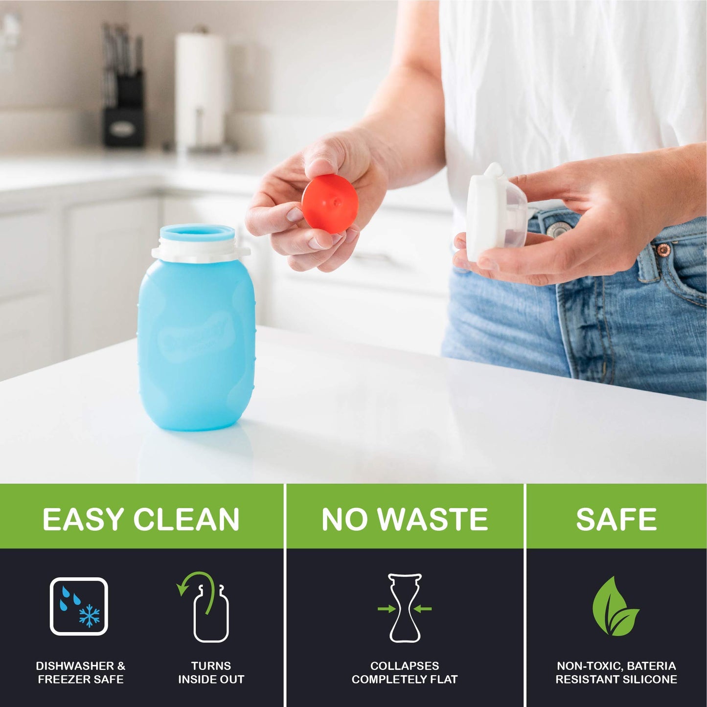Reutilizable bolsa de comida para bebé + apretar, portátil, rellenable contenedor de alimentos para bebé, almacenamiento + ideal para batidos y aperitivos + 100% silicona de grado alimenticio - api
