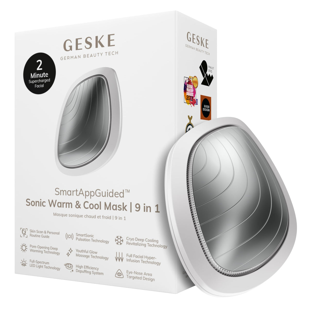 GESKE | SmartAppGuided™ Sonic Warm & Cool Mask | 9 en 1 | Máscara facial LED de belleza | Espectro LED completo y terapia de luz roja | Calor/frío | Mayor absorción de productosl | masajeador facial