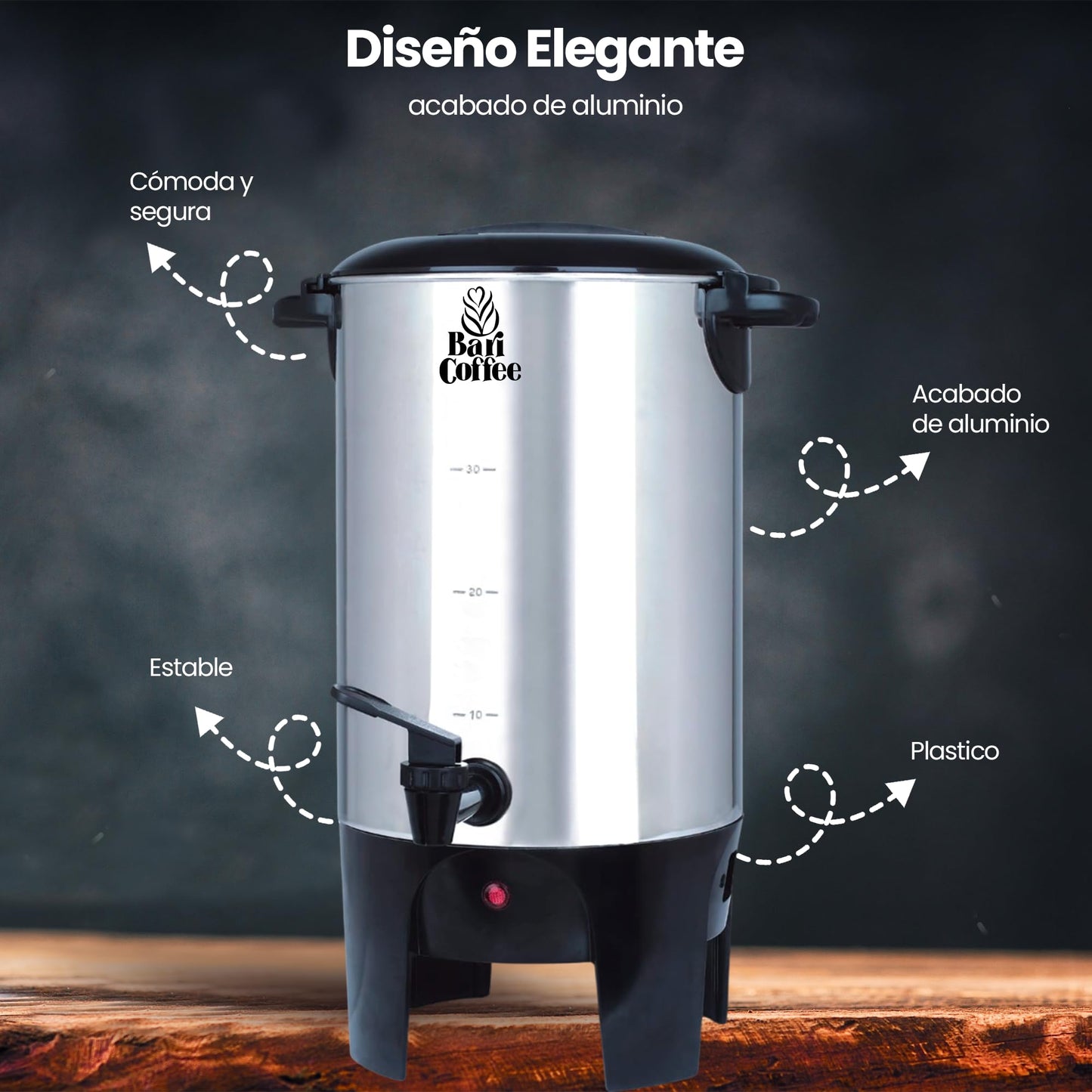 Baricoffee Cafetera 6 Litros, 40 Tazas, Cafetera Electrica, Tapa con Asas, Acero Inoxidable, Cafeteras Automaticas, Dispensador de Bebidas, Filtro Permanente Lavable, Dispensador de Bebidas Calientes