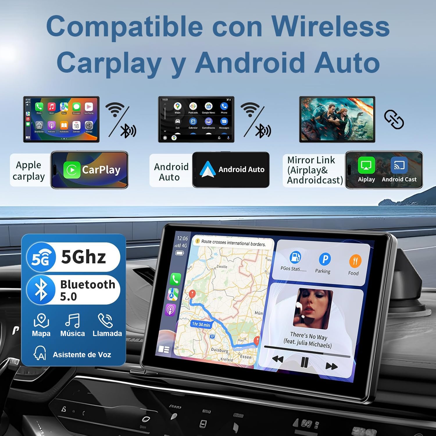 HXEIR Autoestéreo para Carro Portátil de 9 Pulgadas con 2K Dashcam, CarPlay inalámbrico, Android Auto, WiFi, GPS, Bluetooth, Mirror Link