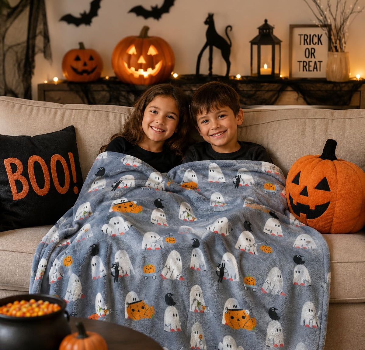 Manta de forro polar de fantasma de Halloween: fiesta de fantasmas de bebé sobre fondo gris, manta de terciopelo de felpa suave para sofá, cama, recámara, 127 x 177 cm