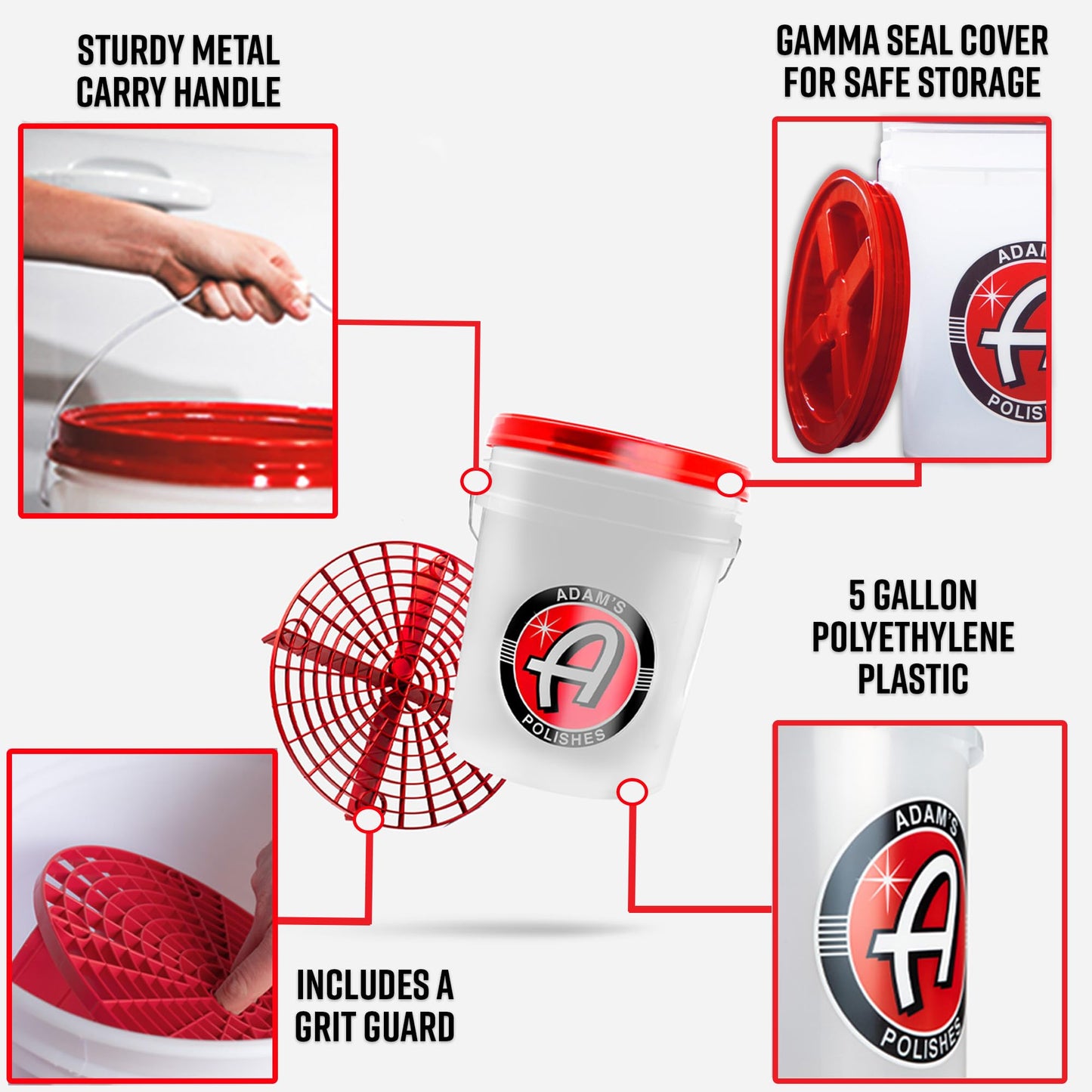 Cubeta de Lavado de Autos Adam's Polishes Blanca con Protector de Arena y Tapa de Sello Gamma para Cochera