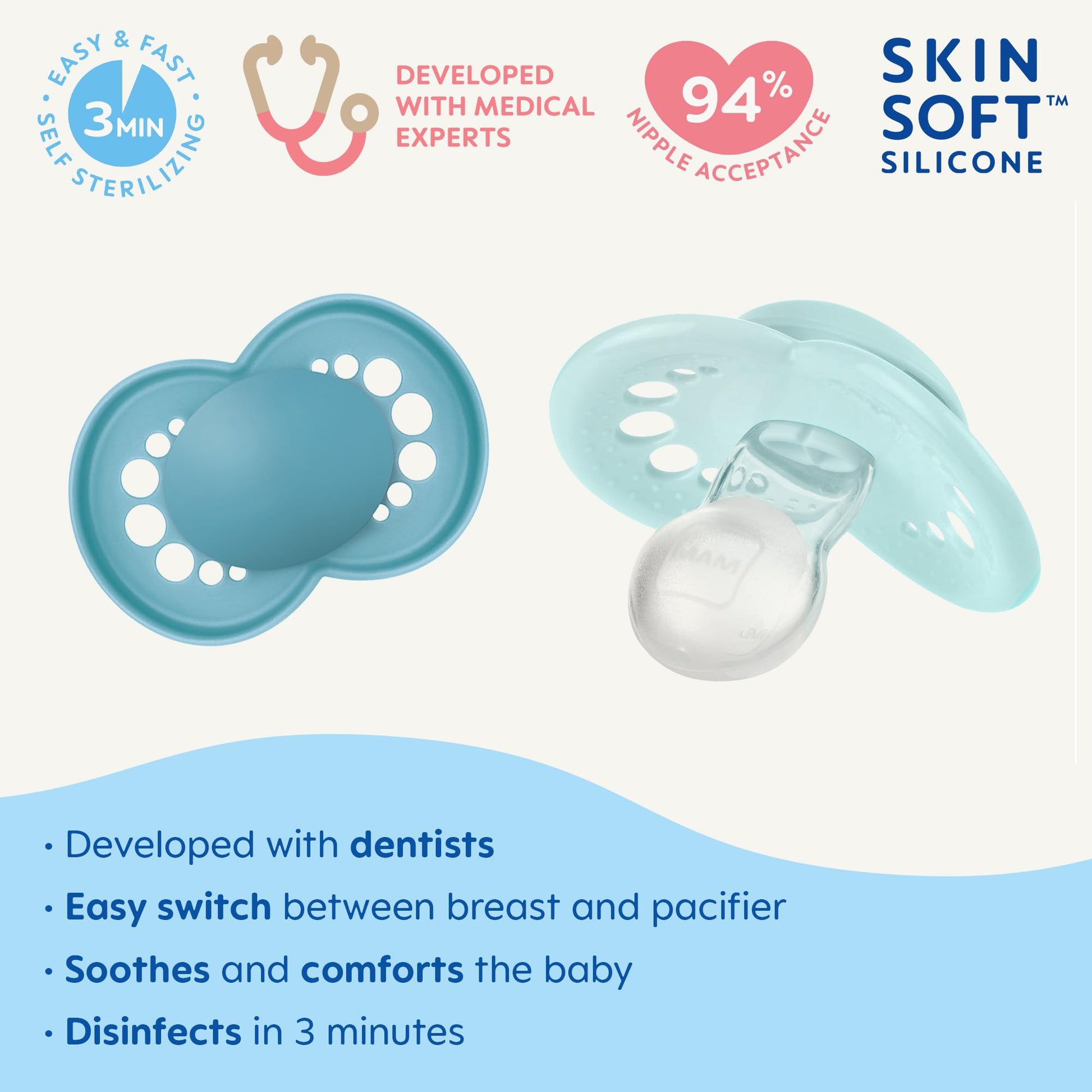 MAM - Chupetes originales mate para bebés de 6 a 16 meses, pezón de silicona sin BPA, fácil de limpiar, mejor para bebés lactantes, desarrollado con expertos médicos, 2 unidades de Binkies con estuche