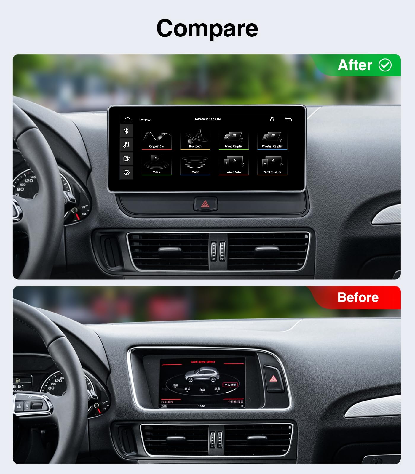 visualización táctil inalámbrica CarPlay de 10.25 pulgadas para Audi Q5 SQ5 2009-2017 reproductor de CD con sistema multimedia (3GMMI), compatible con doble sistema operativo (OEM+Linux) AHD cámara