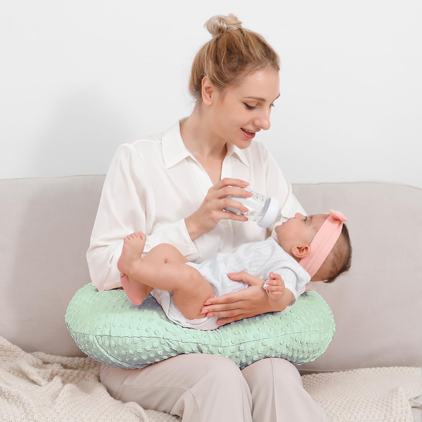 QUENESS Almohada y posicionador para lactancia, para alimentación con pecho y biberón, soporte para sentarse del bebé con cubierta ultra suave removible, soporte para tiempo boca abajo para bebés