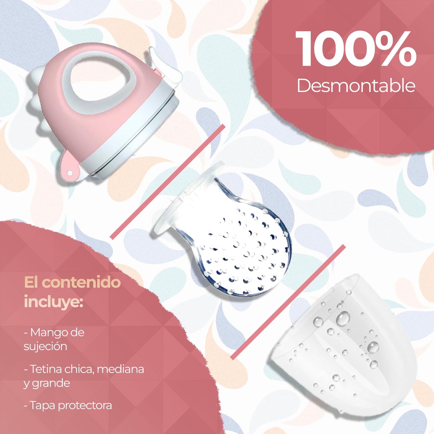 Chupón alimentador para frutas y papillas con seguro y tapa, 4 meses, dibujos animados (dino rosa)