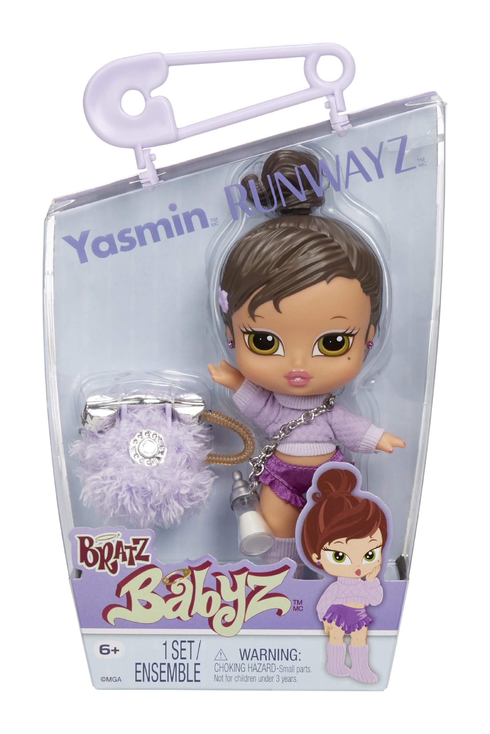 Bratz Babyz Runwayz - Yasmin - 1 Muñeca de Moda Coleccionable con Conjunto Elegante, Muñeca Bebé con Collar Que Funciona como Llavero - Juguete Infantil - Ideal para Niños y Niñas Mayores de 6 Años