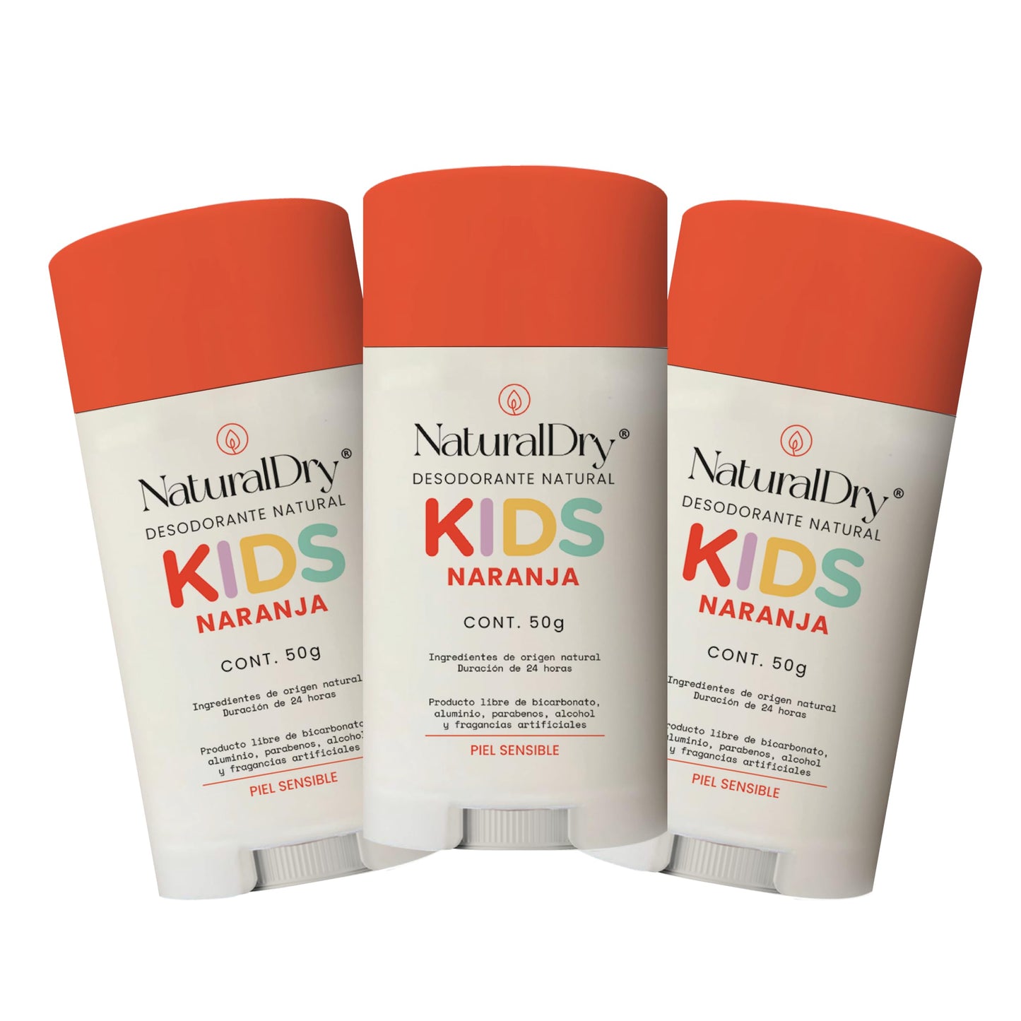 Naturaldry - 3 Kids Pack de desodorante infantil SIN BICARBONATO DE SODIO unisex Natural para niños - No obstruye los poros - aroma Naranja - SIN ALUMINIO - Sin parabenos - Barra (3 unidades)