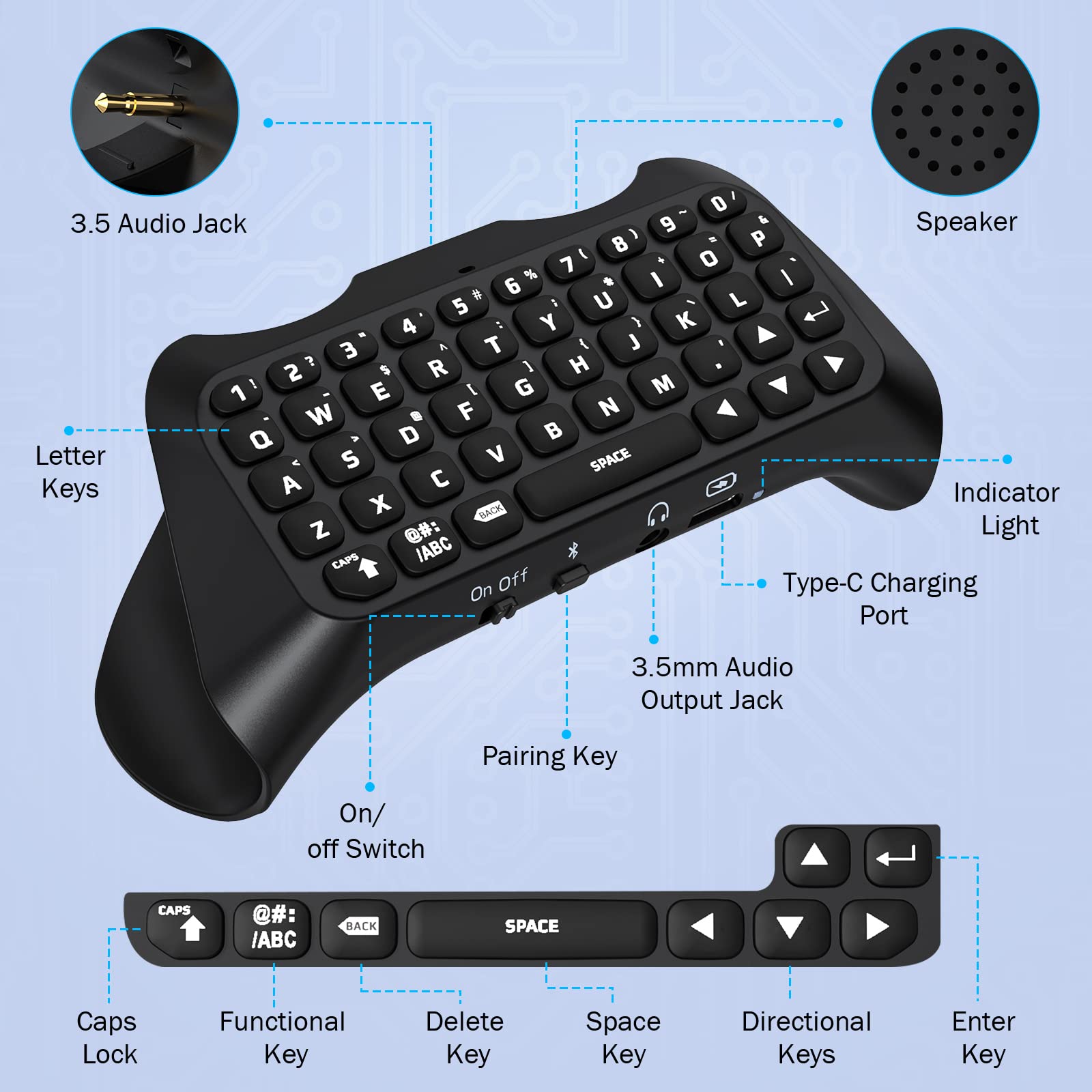 Teclado Retroiluminado Verde MoKo Negro para Controlador PS5 con Altavoz Incorporado y Conector de Audio 3.5mm